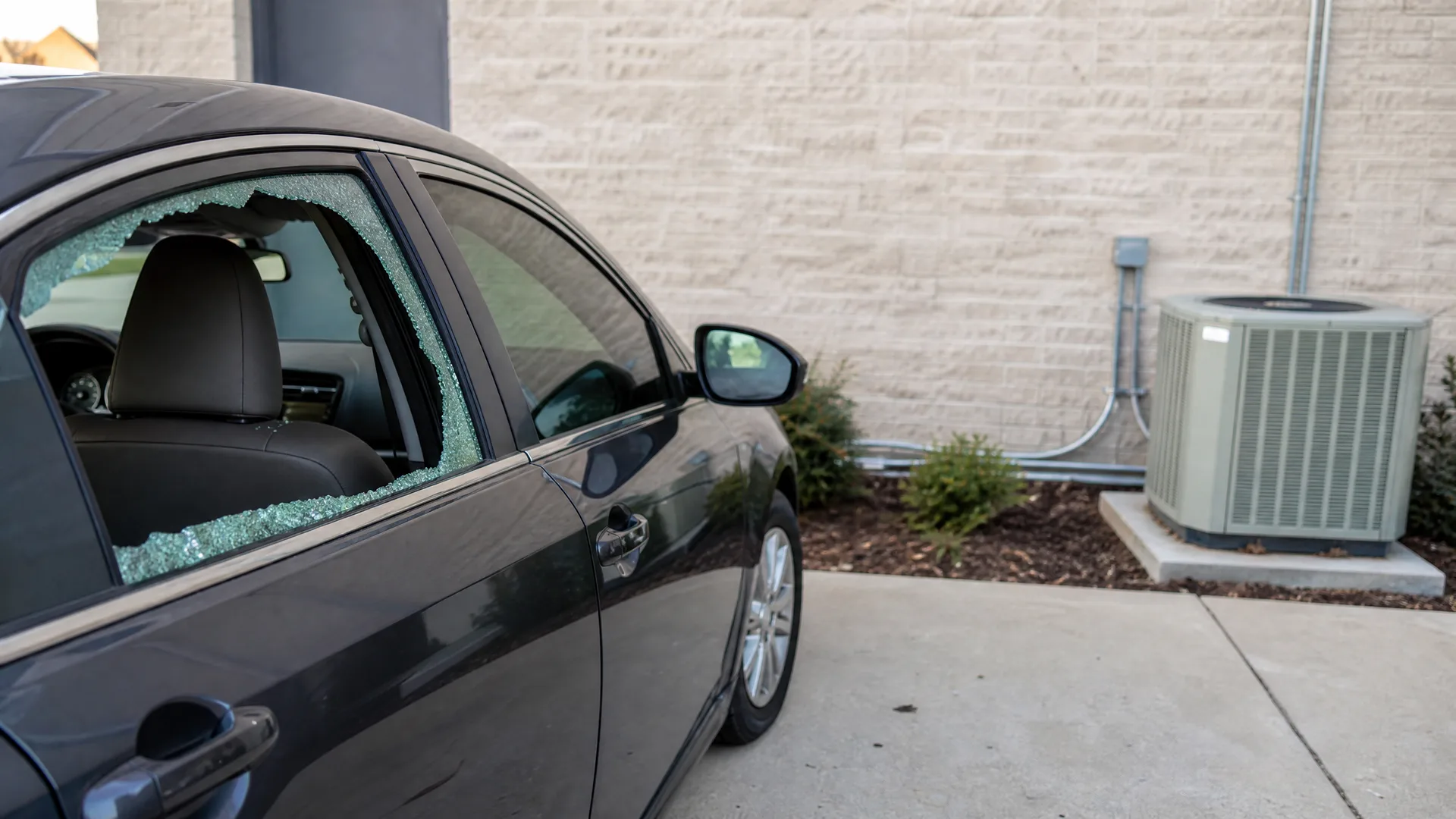A dark gray sedan with a shattered rear side window parked on concrete beside a light-colored block wall with an outdoor air conditioning unit and shrubs.