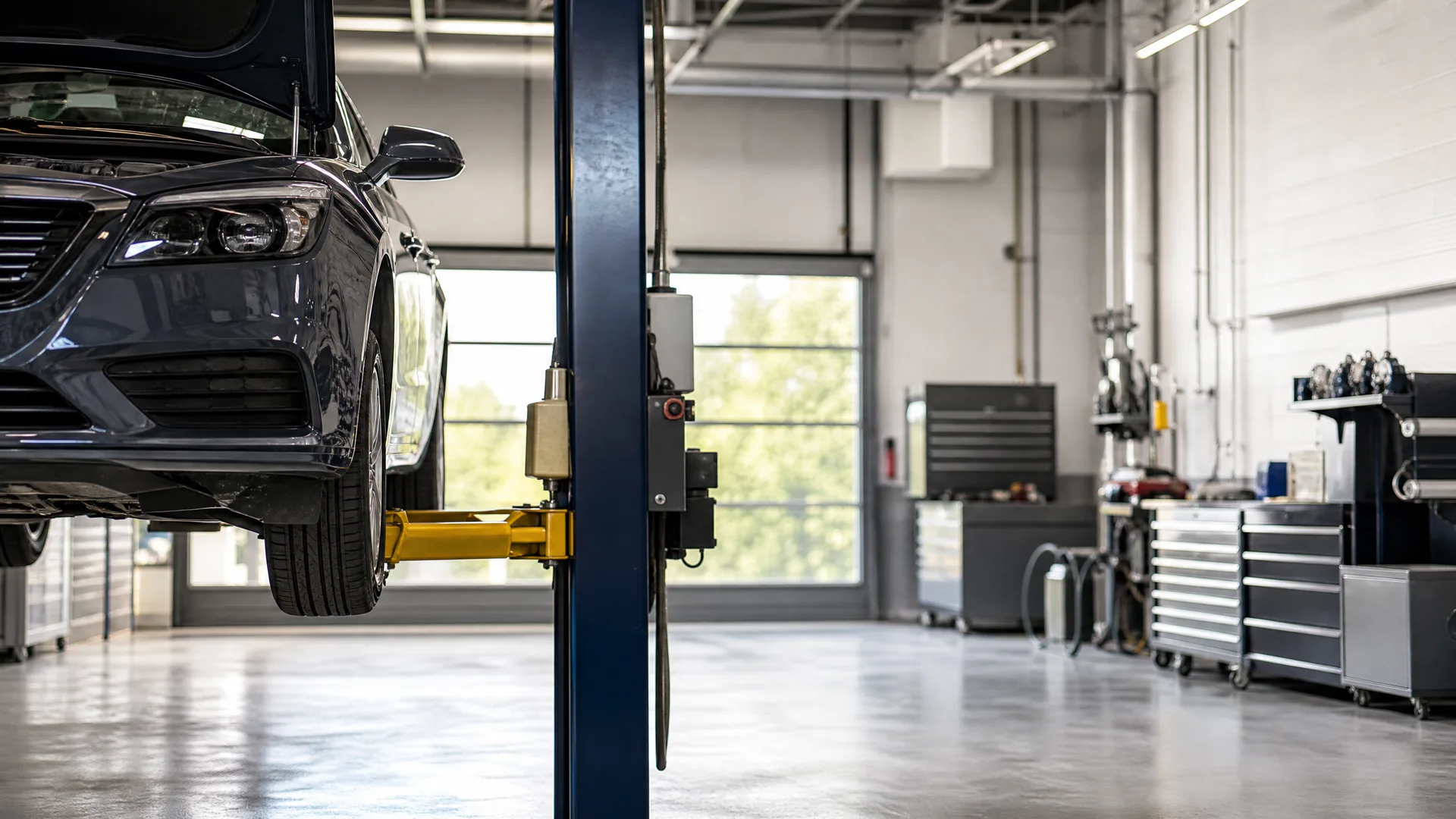 A dark sedan raised on a two-post lift inside a workshop with tool cabinets, a large window and polished concrete floor.