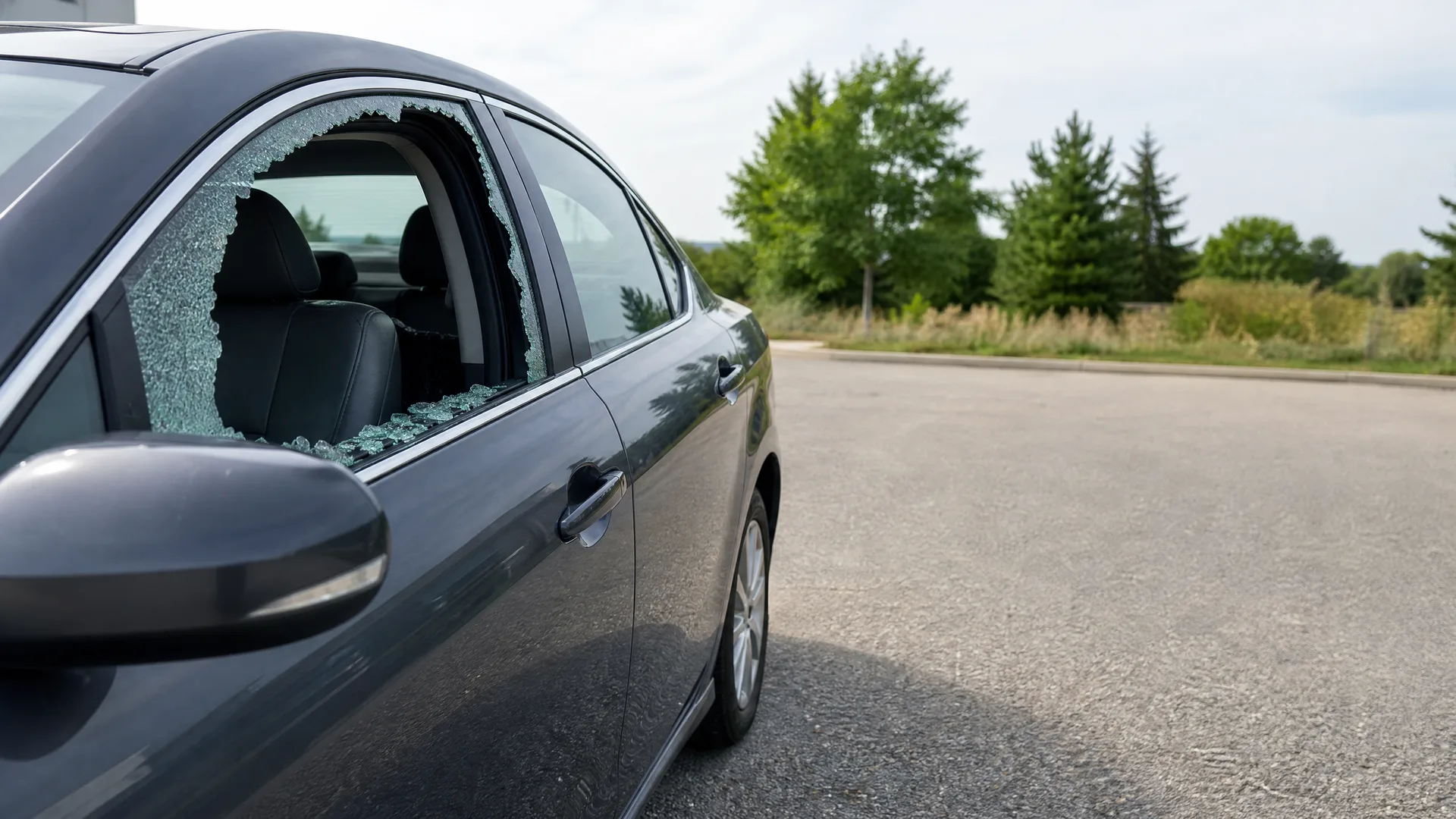 A dark gray sedan parked on asphalt with its front driver-side window shattered, broken glass fragments along the frame, with trees and grass in the background.