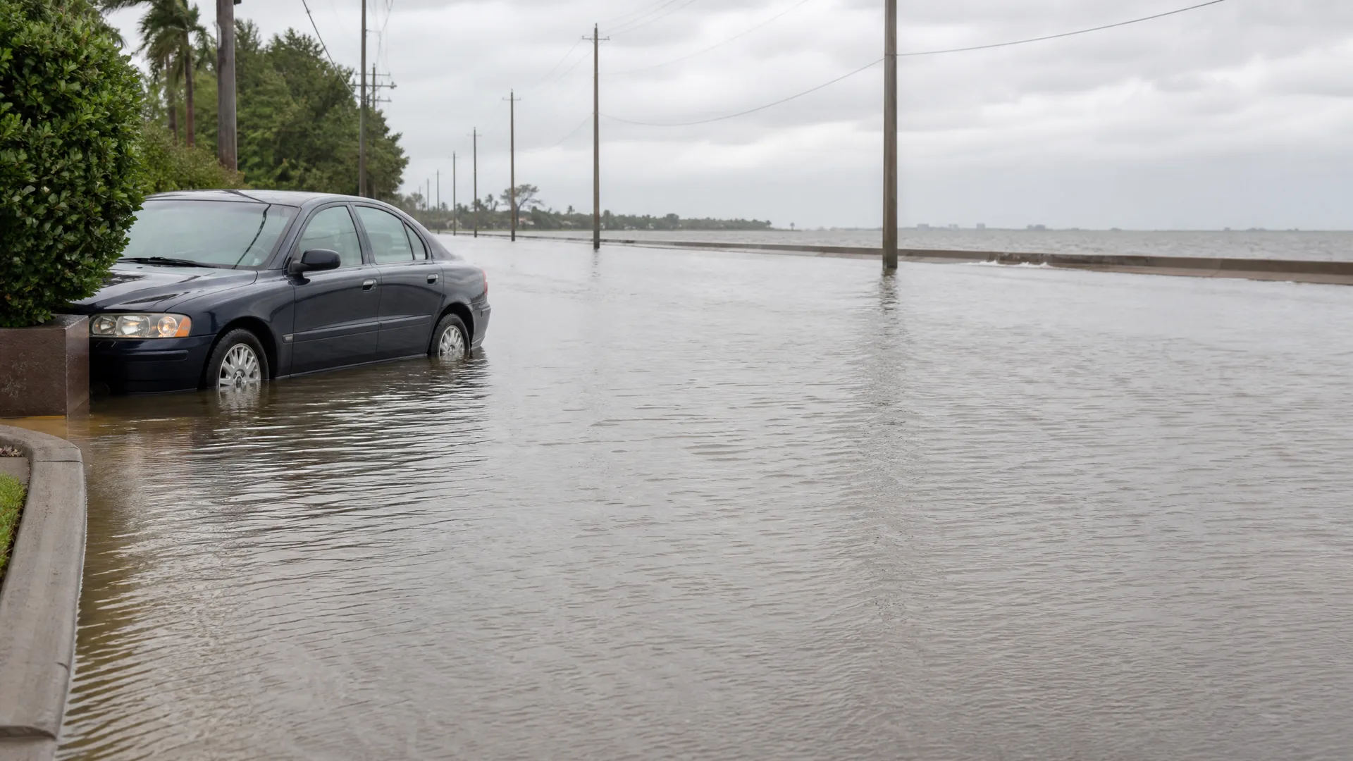 A dark sedan sits in floodwater covering a road beside a seawall and open water, with utility poles, palms and overcast sky.