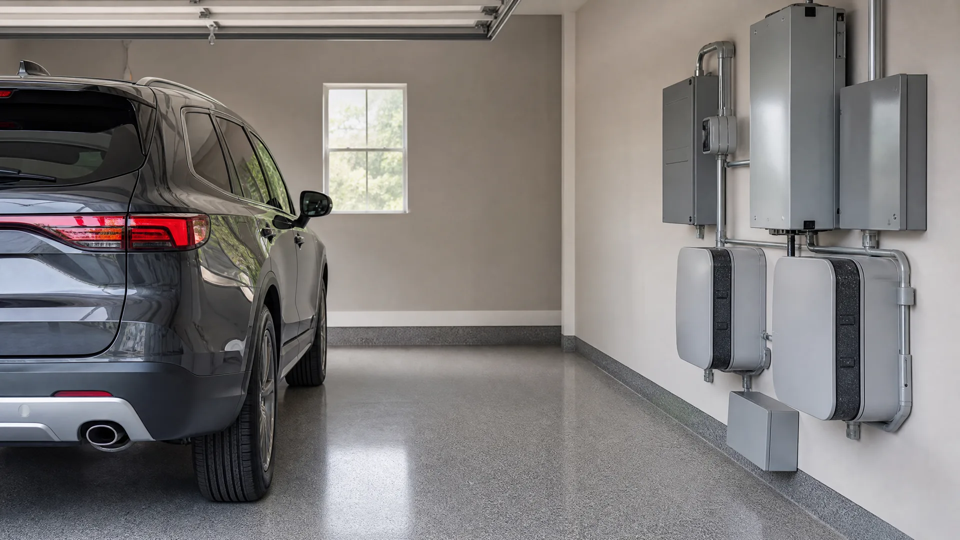 Interior of a garage with a speckled epoxy floor, a dark gray SUV parked on the left, a small window on the far wall, and gray electrical panels, conduit and wall-mounted equipment on the right wall.