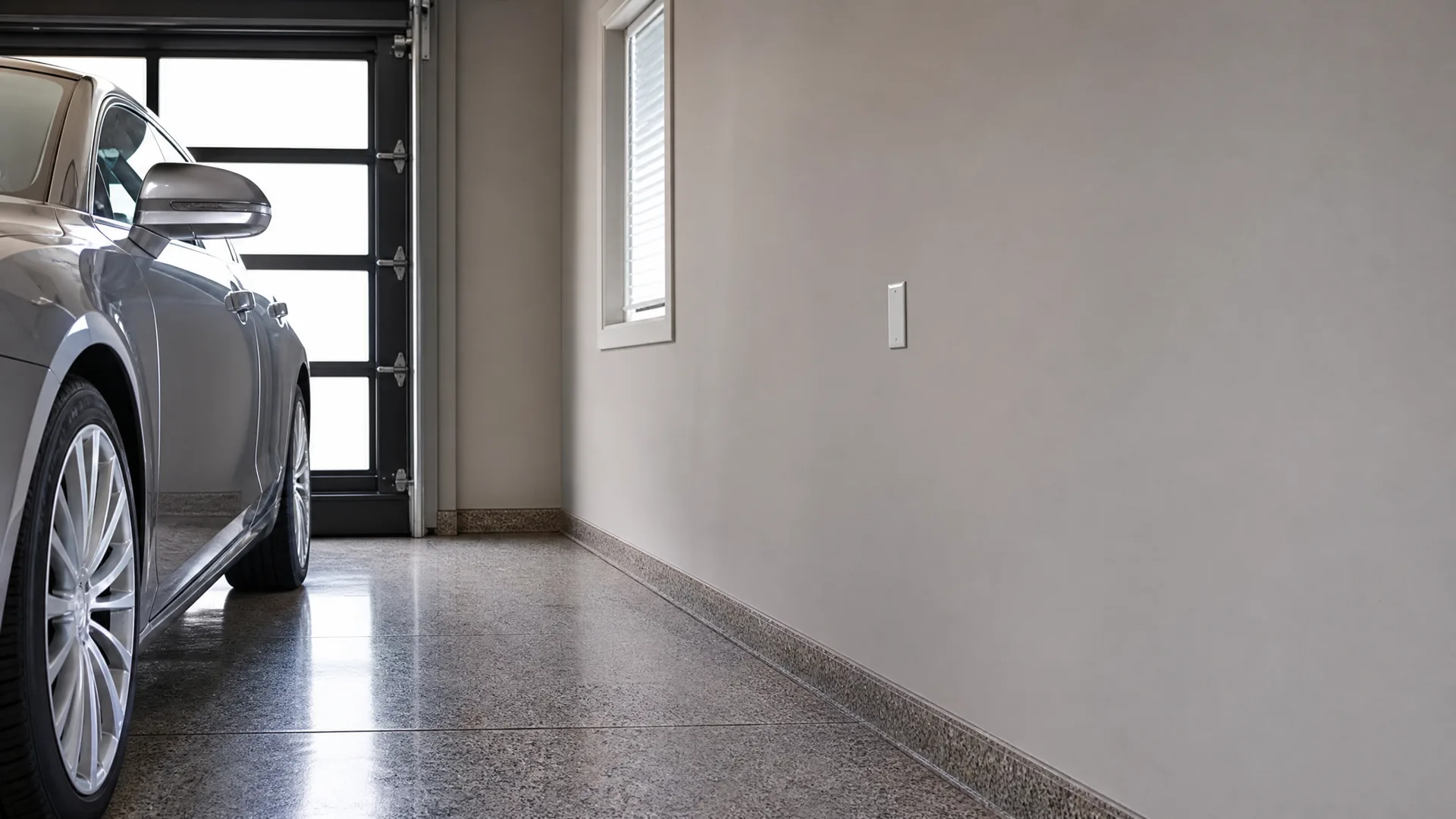 Interior of a garage with a polished speckled concrete floor, a silver sedan parked at left near a glazed door, and a plain wall at right with a light switch plate and a narrow vertical window.