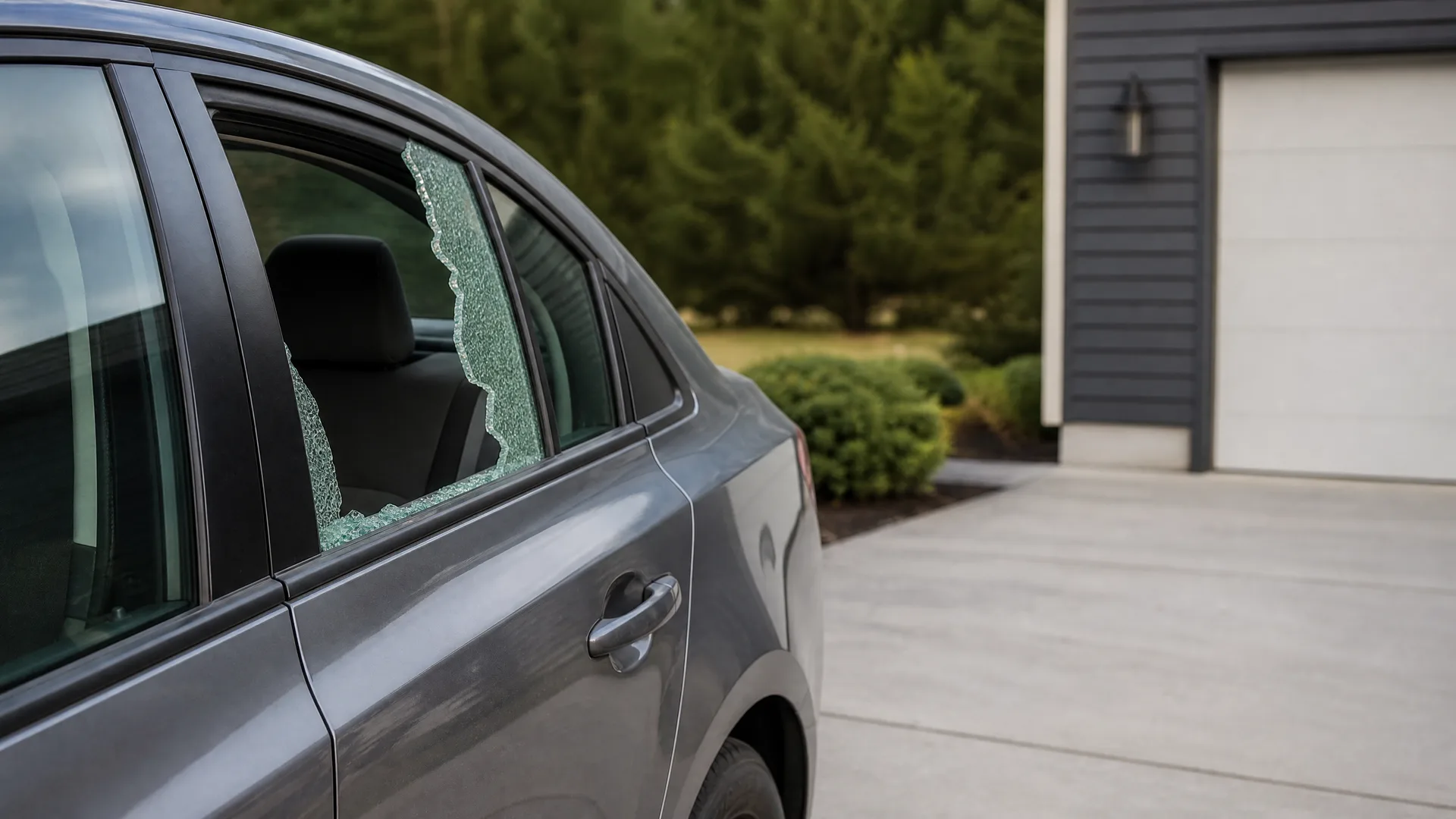 A gray sedan parked on a concrete driveway with its rear side window shattered, beside a dark-sided garage and evergreen trees.
