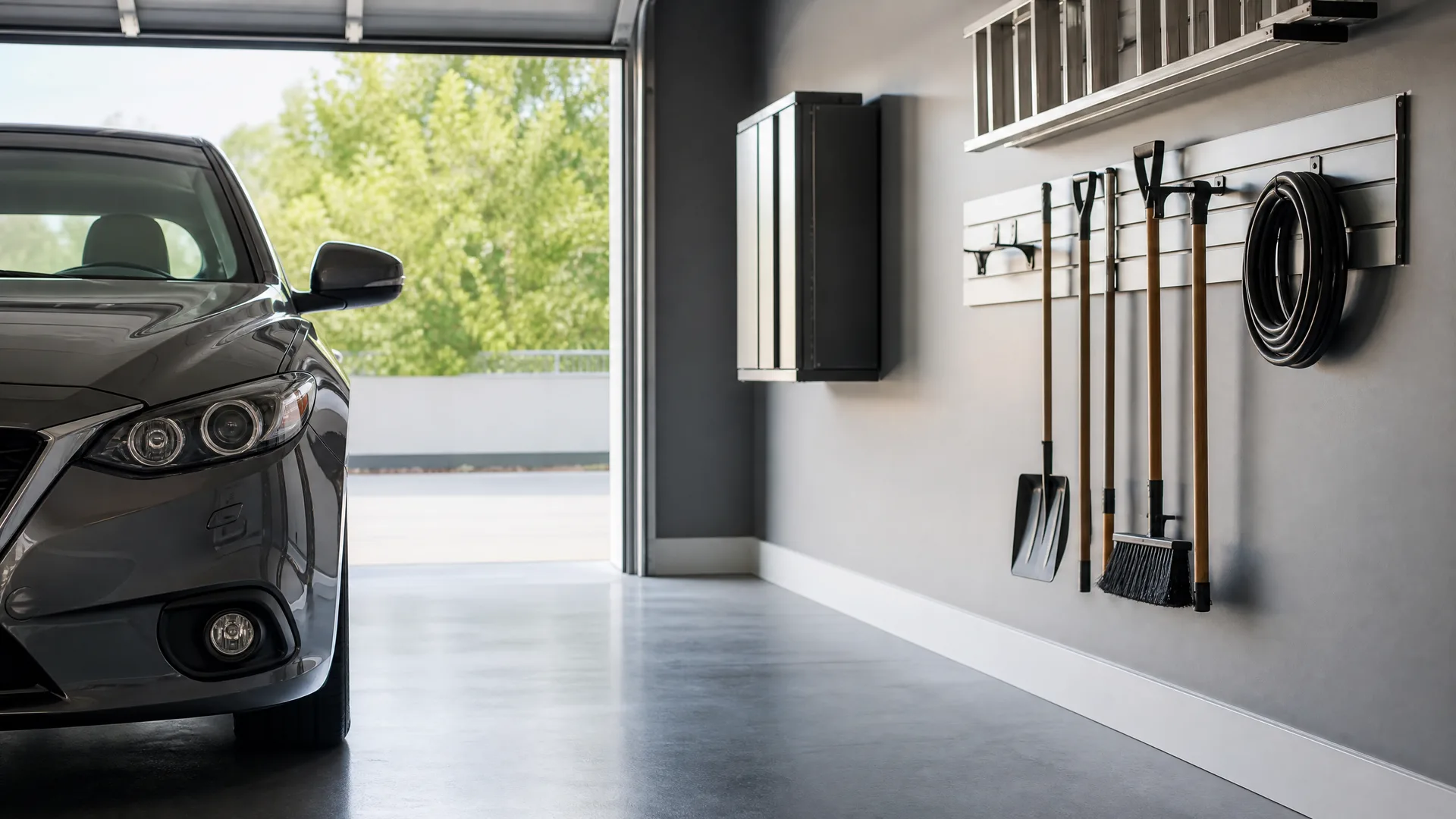 Interior of a garage with a dark gray car parked beside an open garage door showing green trees outside, and a gray wall holding a wall-mounted cabinet, slatwall panels with shovels, a broom, a coiled hose, and an overhead ladder rack.