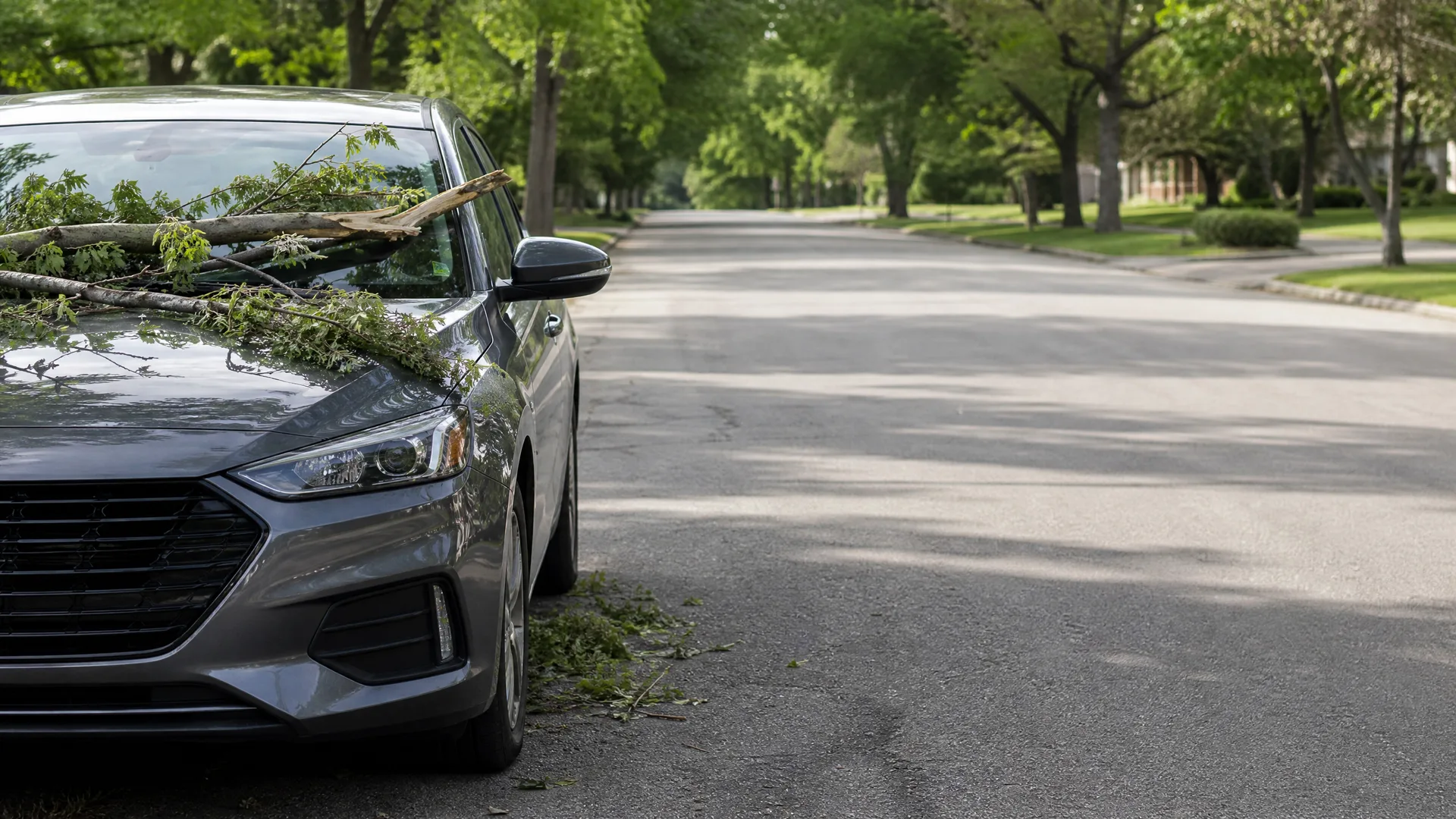 A broken leafy tree branch rests on the hood and windshield of a gray sedan parked along a tree-lined residential street, with smaller twigs and leaves scattered on the pavement.