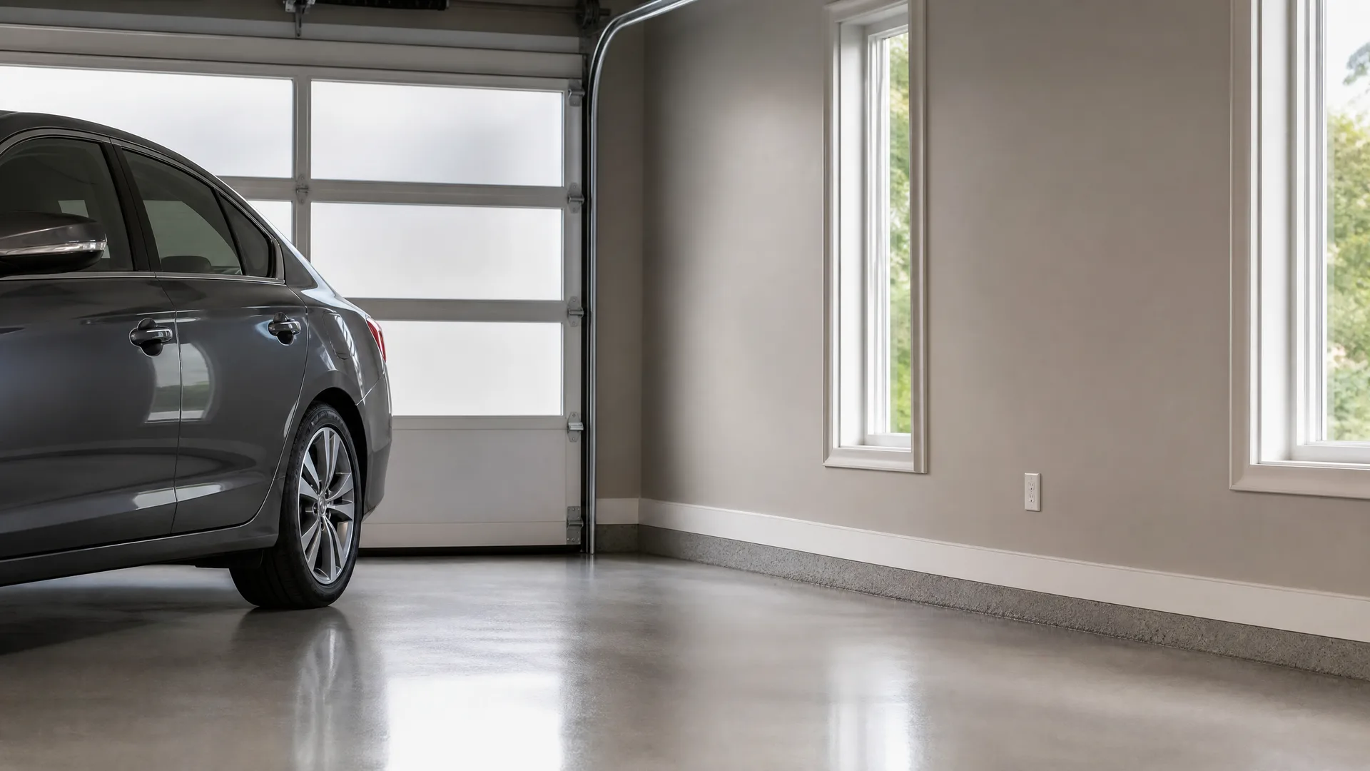 Interior of a garage with a polished concrete floor, a gray sedan parked on the left beside a closed sectional garage door with frosted panels, and beige walls with two tall windows and a wall outlet on the right.