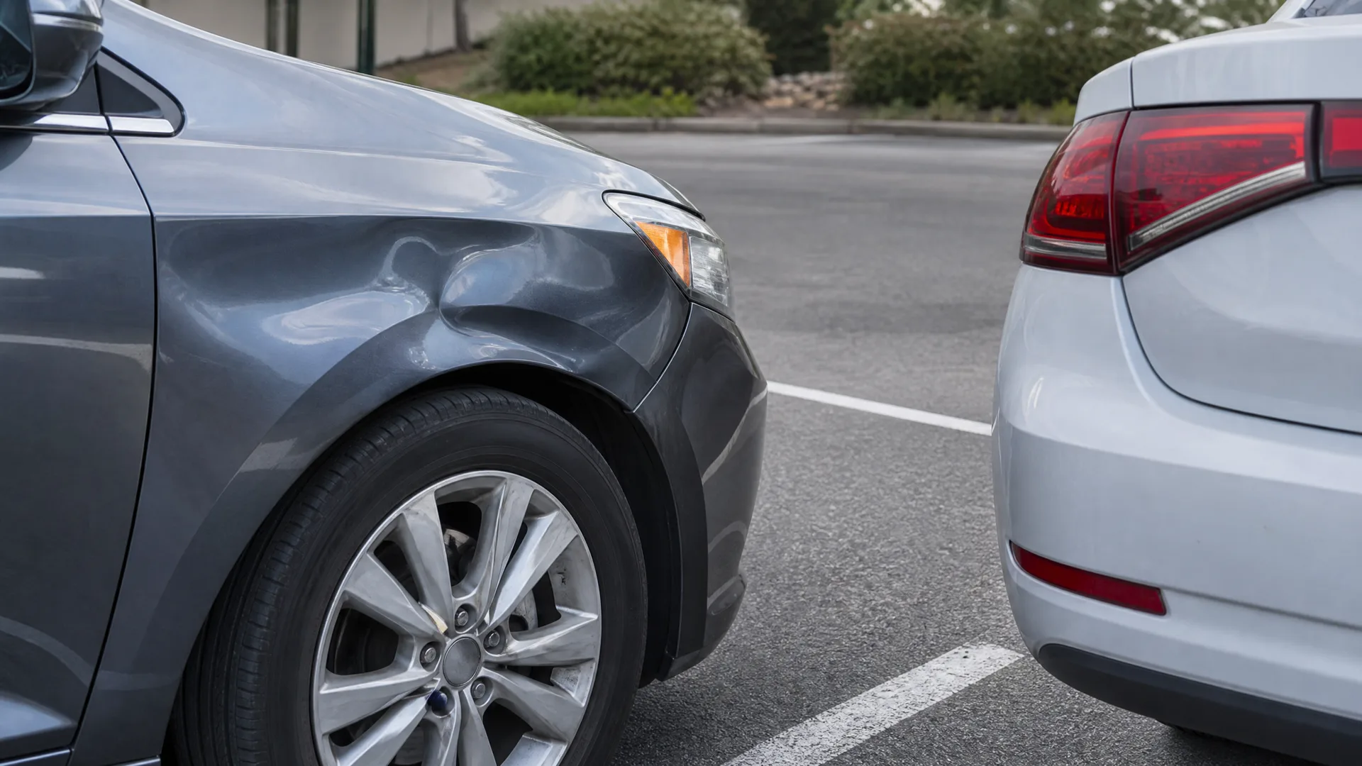 Close-up of a gray sedan's front fender with a visible dent, parked beside the rear corner of a white car in a marked parking lot with shrubs in the background.