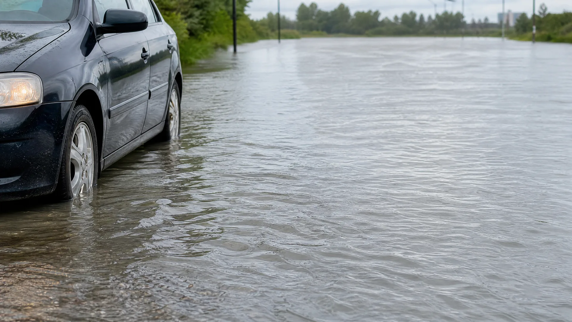 A dark car with its headlight on stands in floodwater covering a road, with water reaching above the wheel rims and trees along the far edge.