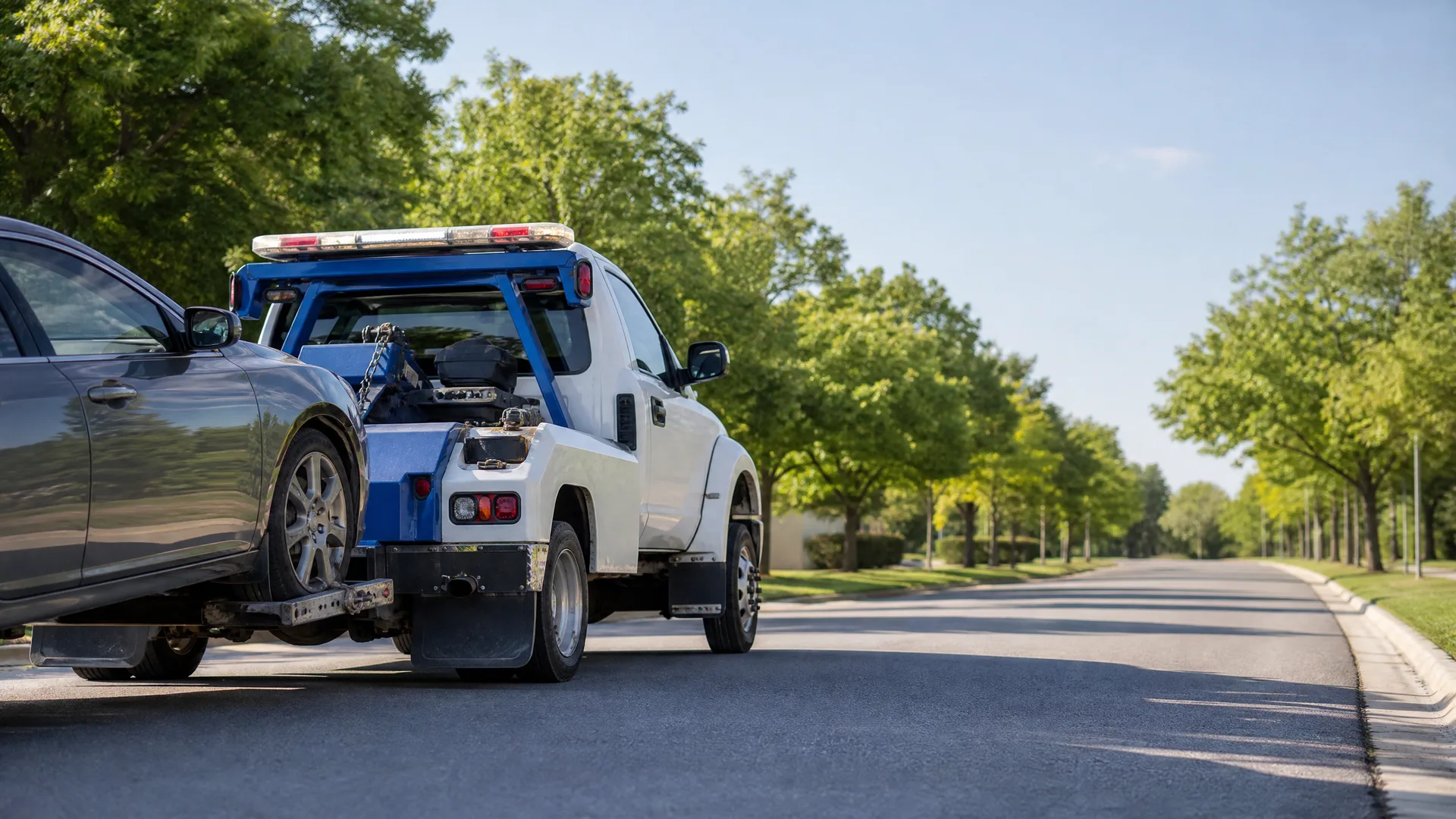 A blue and white tow truck parked on a tree-lined street towing a dark sedan by its front wheels.