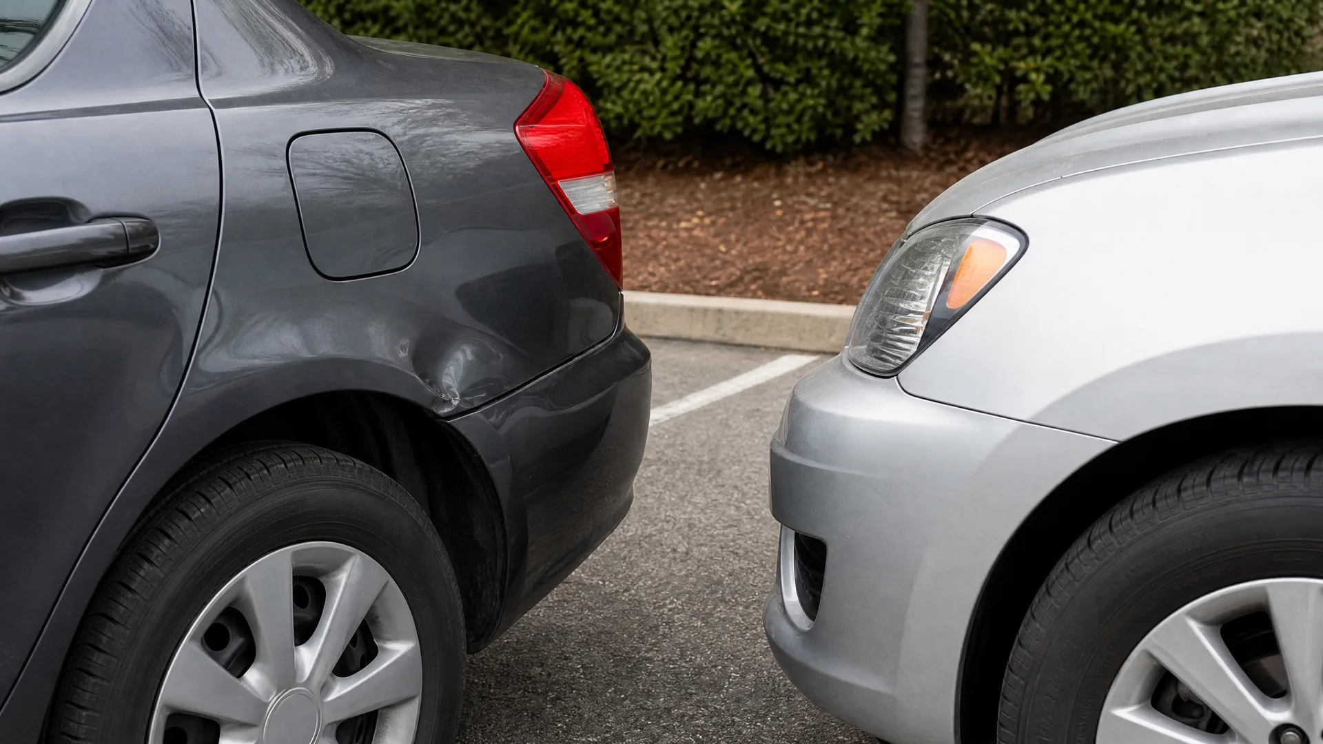 Close-up of a dark gray car's dented rear quarter panel beside the front bumper and headlight of a silver car in a parking lot, with a hedge and mulch bed behind.