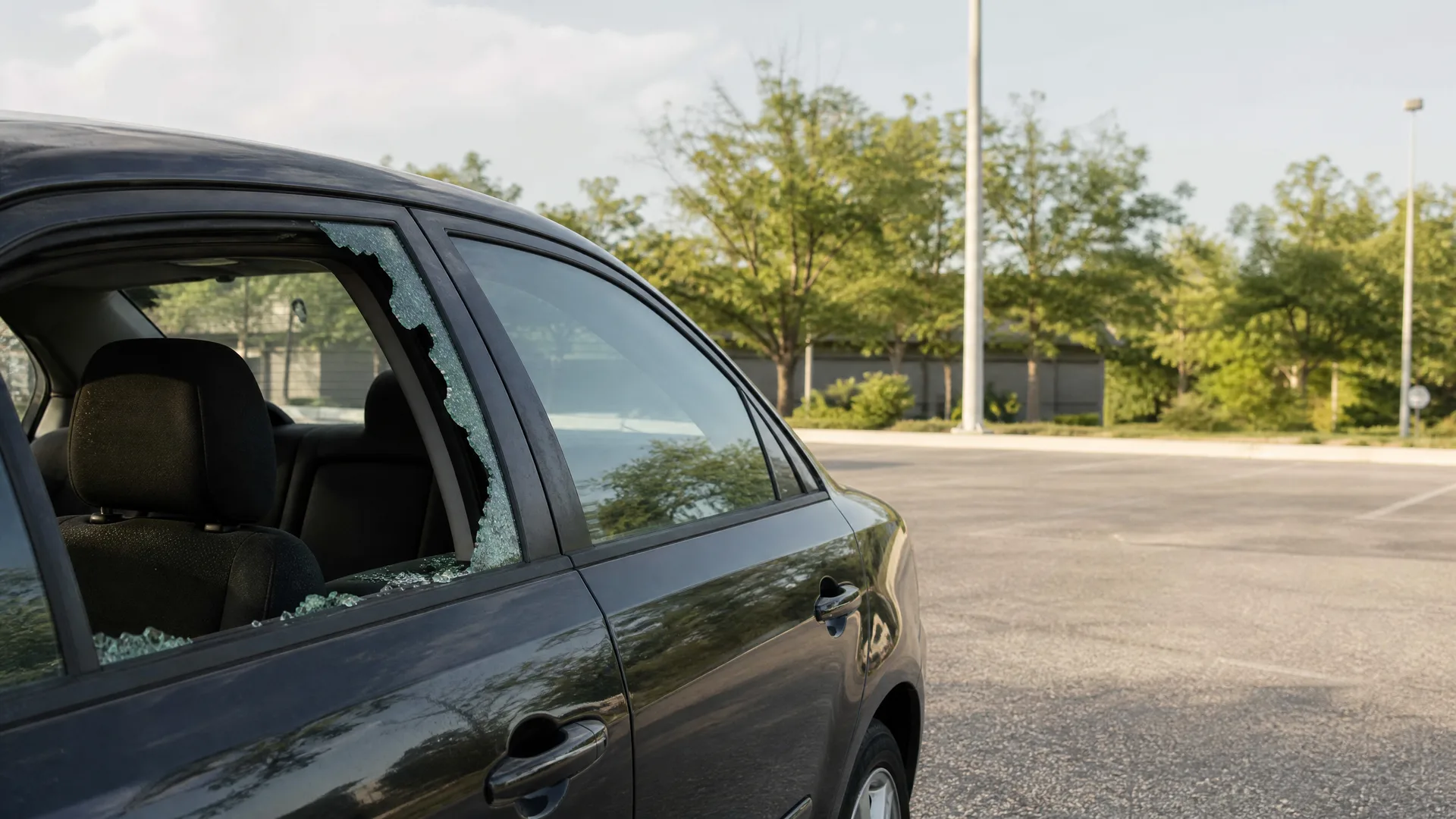 A dark sedan parked in an empty asphalt lot with its rear passenger window shattered and broken glass on the door frame and seat, with green trees and a light pole in the background.