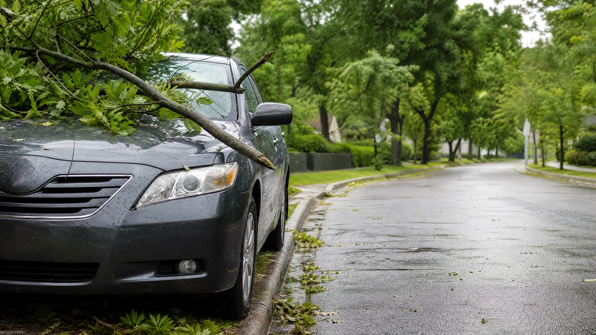 A fallen leafy tree branch rests on the hood and windshield of a dark gray sedan parked at the curb of a wet residential street lined with green trees.
