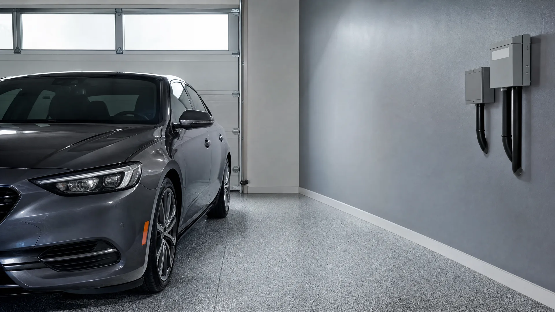 A dark gray sedan parked inside a garage with a speckled epoxy floor, beside a gray wall holding two wall-mounted boxes with coiled black cables.