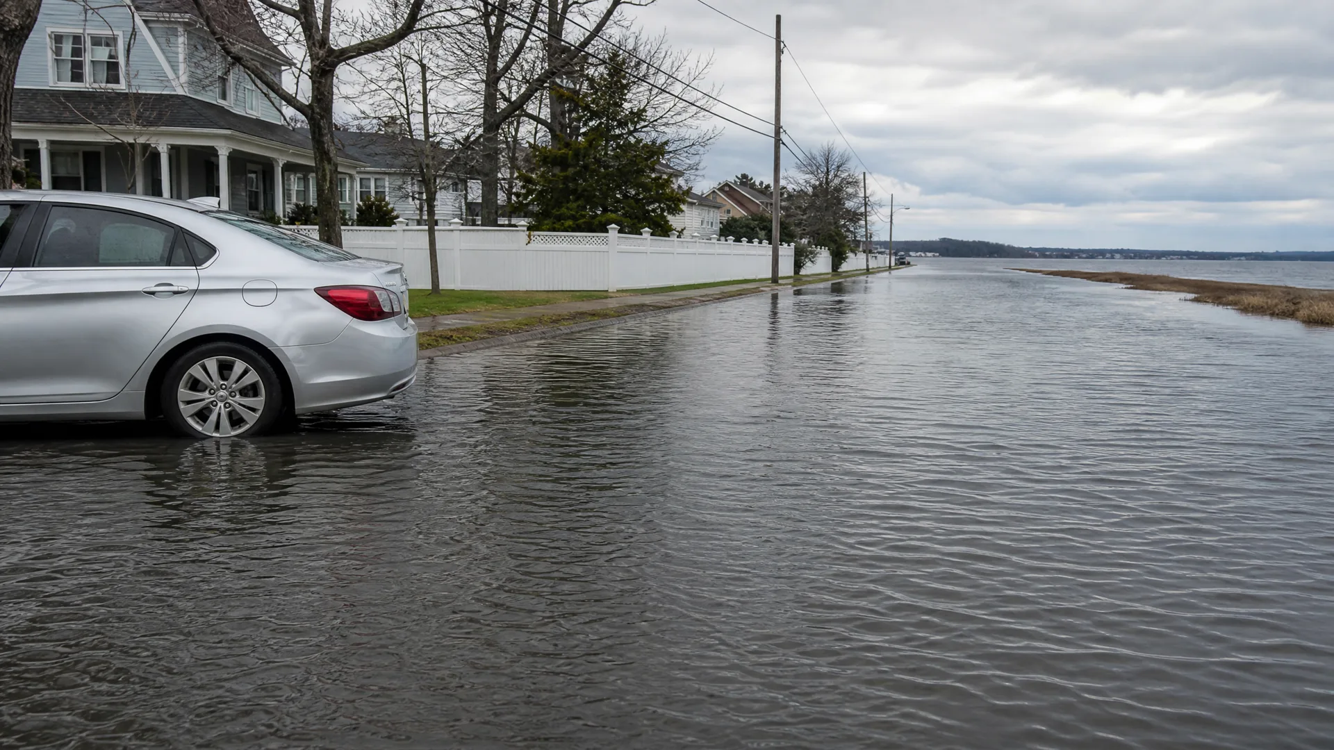 A silver sedan parked at the edge of a flooded residential street beside a white fence and bare trees, with water extending to a bay under an overcast sky.