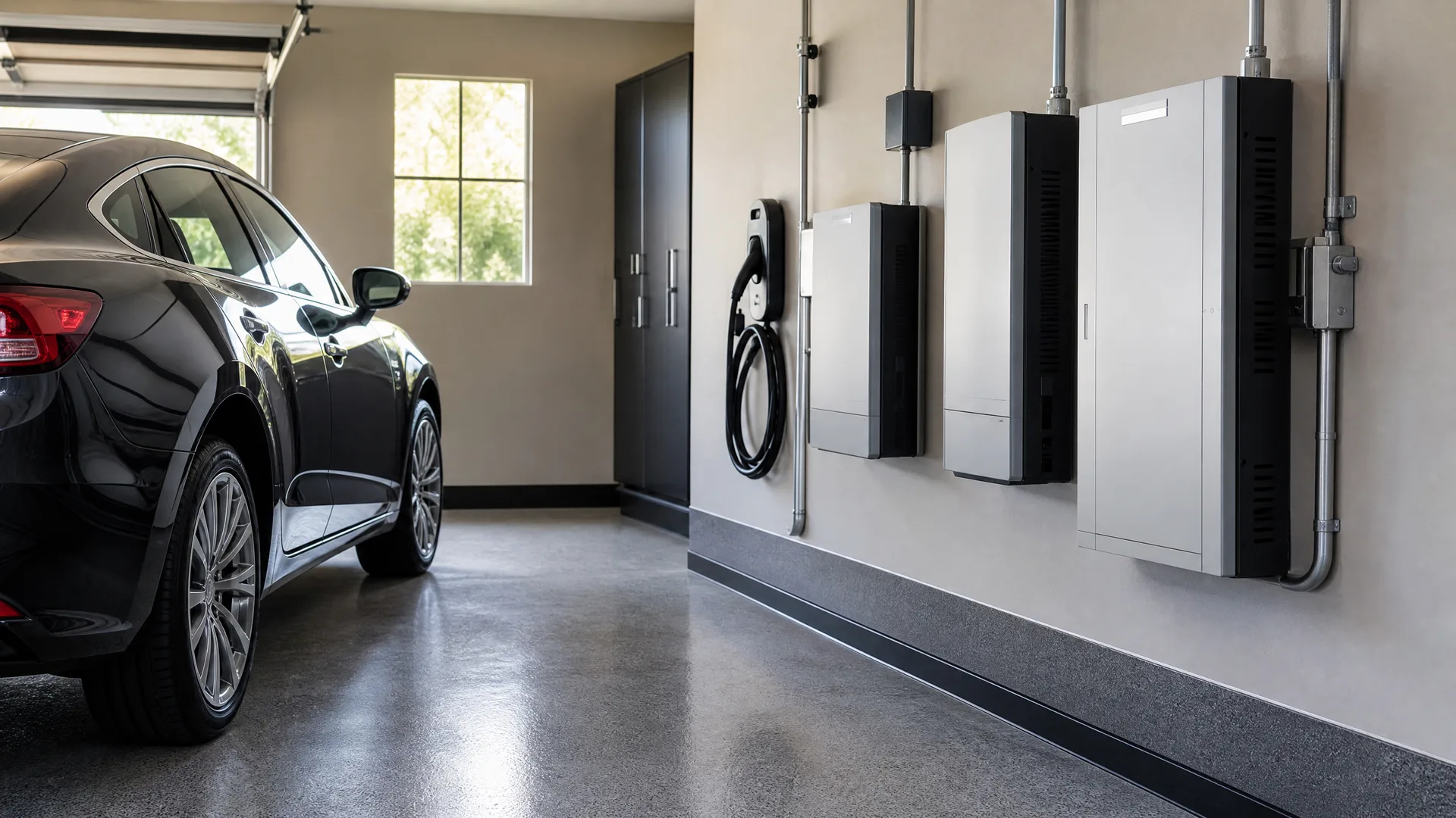 Interior garage with a dark car parked at left and wall-mounted EV charger, conduit, and three cabinet-style electrical or battery units on the right wall.