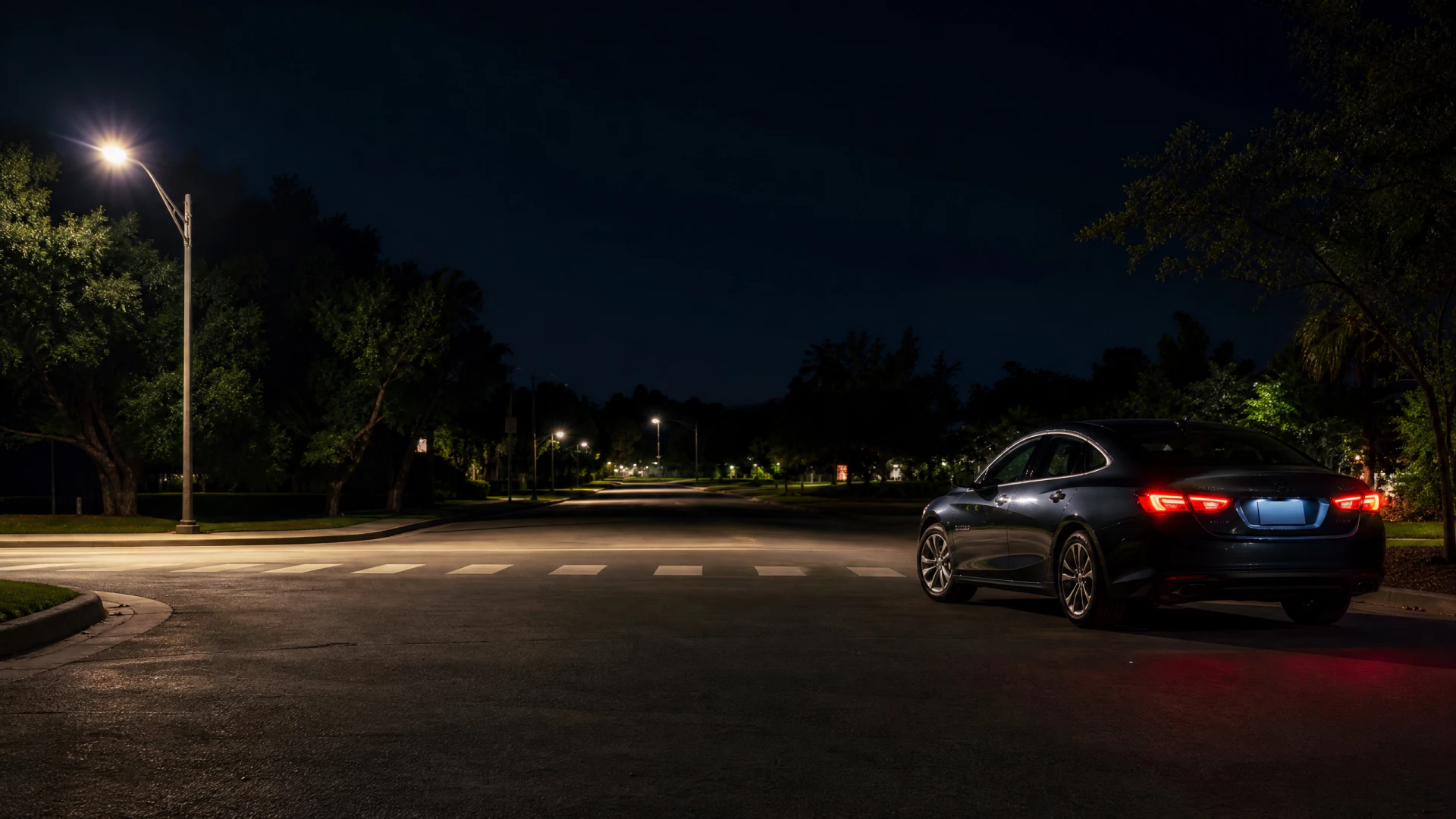 A dark sedan with illuminated tail lights sits at a quiet intersection at night, surrounded by trees and street lamps.