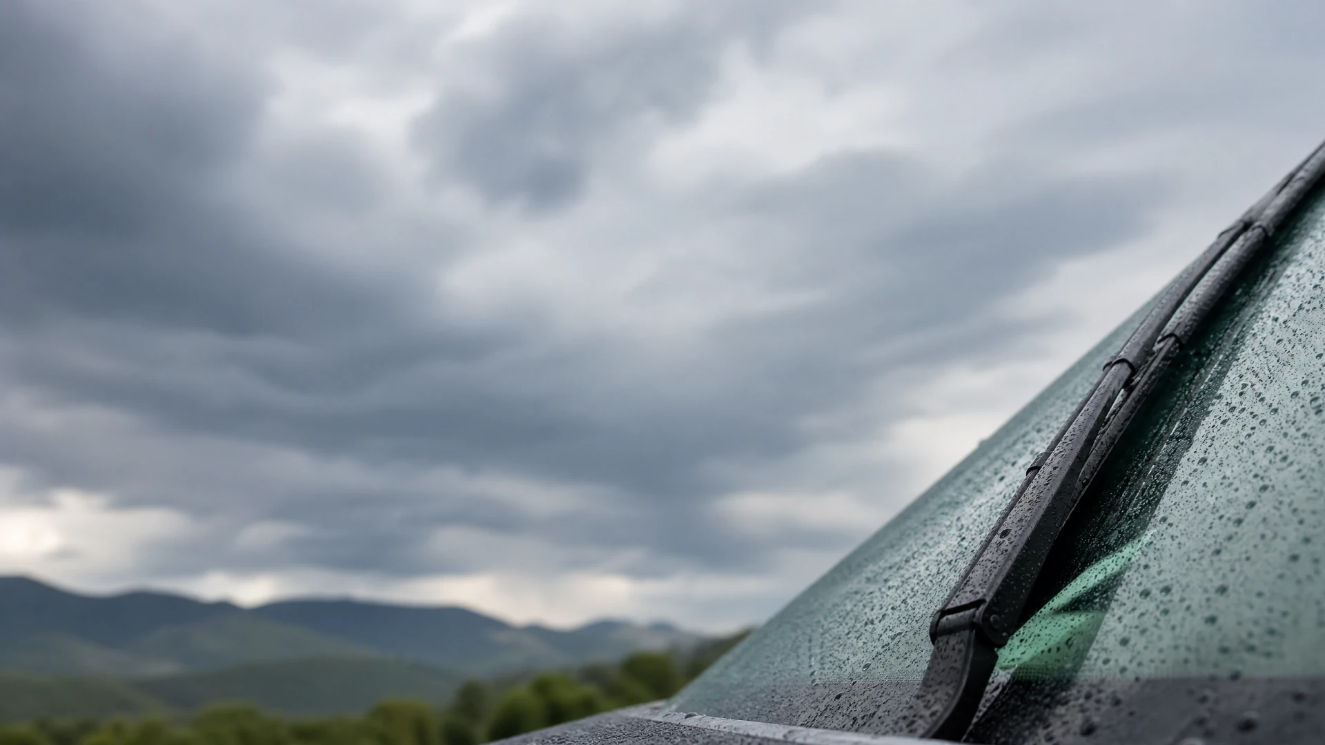 A rain-covered car windshield with a wiper blade, set against a backdrop of green hills and a cloudy sky.