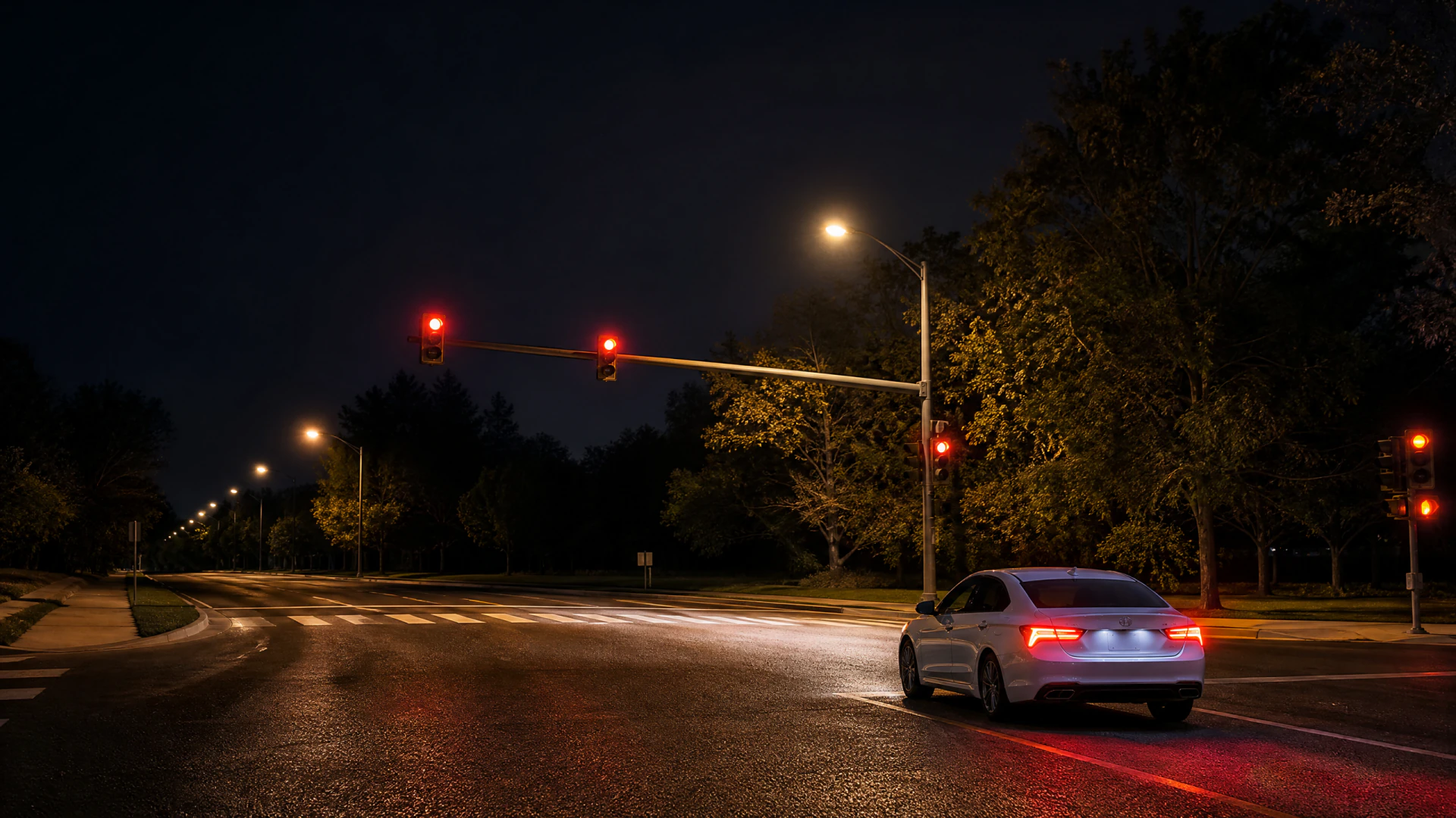 A white sedan waits at a red traffic light at an empty, rain-dampened intersection at night, surrounded by street lamps and trees.