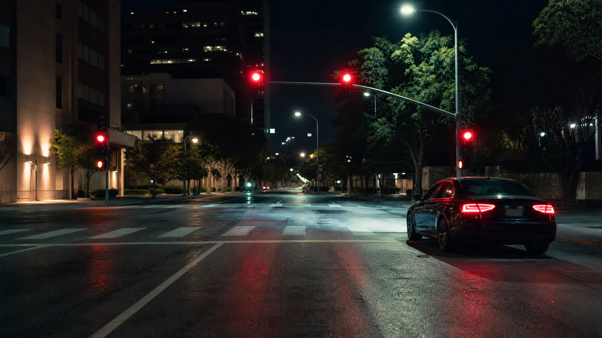 A dark sedan stopped at a red traffic light at an empty urban intersection at night.