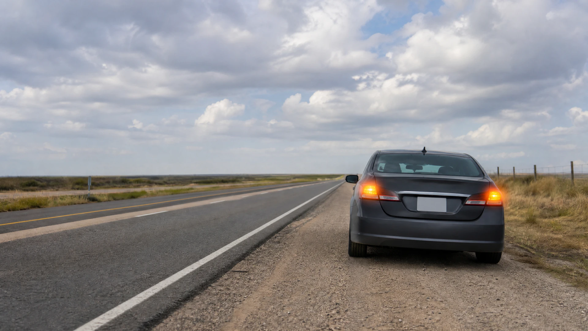 Rear view of a gray sedan stopped on the gravel shoulder of a rural two-lane highway with amber hazard lights on.