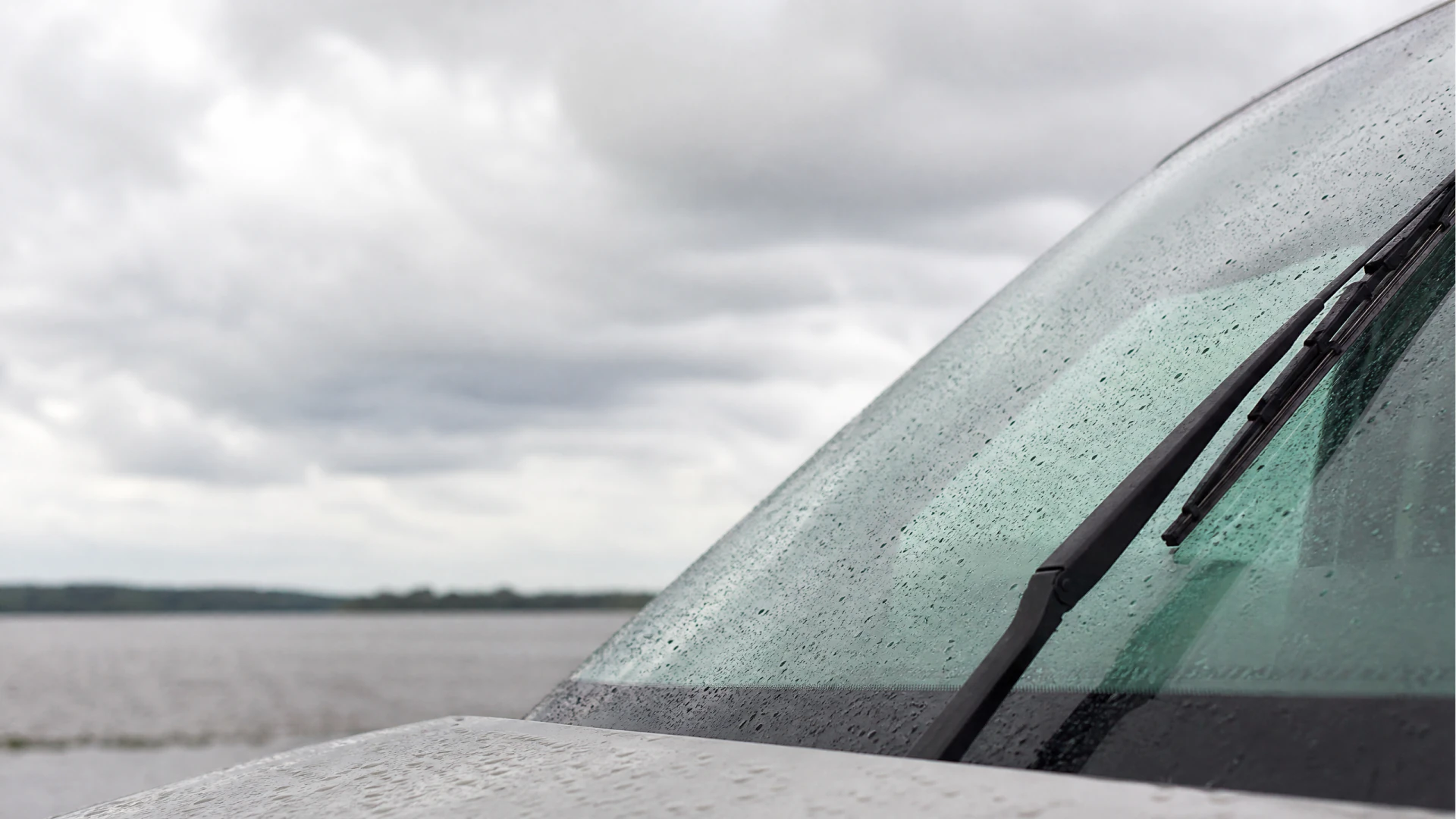A rain-covered car windshield with two wiper blades, photographed against an overcast sky and a body of water.