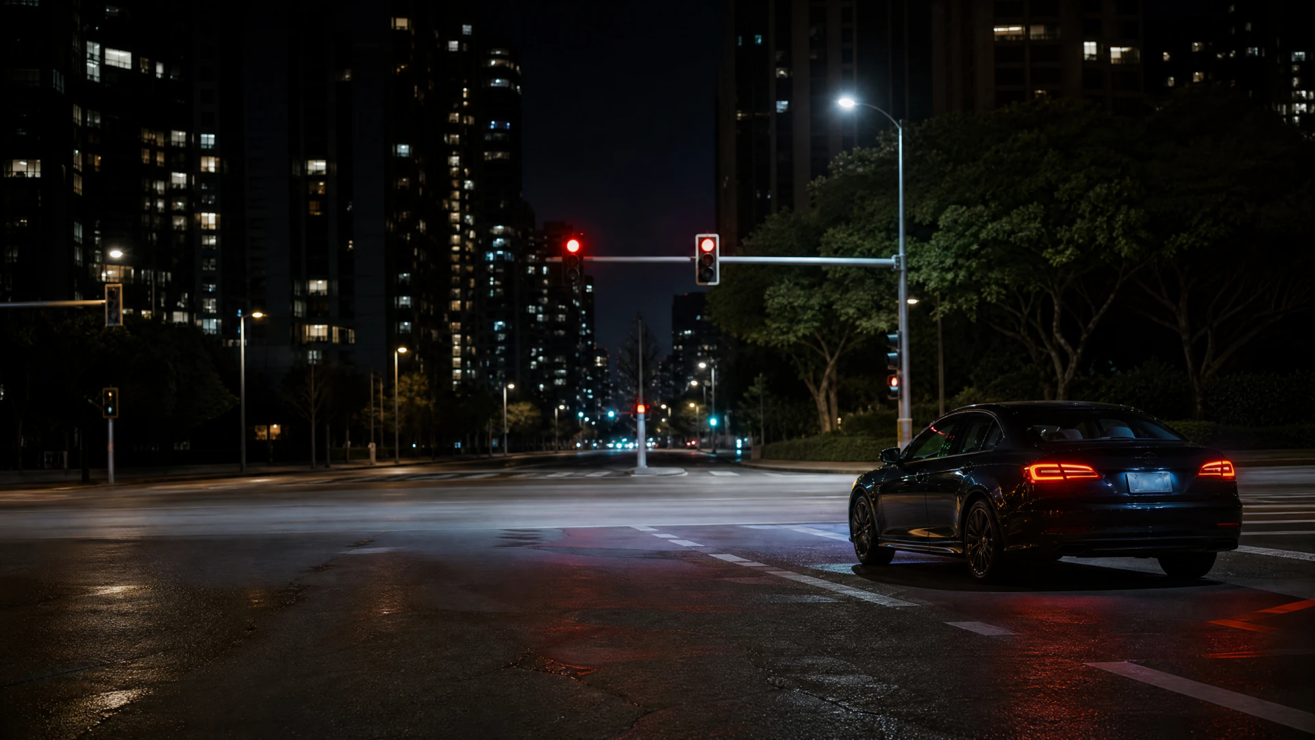 A dark sedan sits at a red traffic light on a deserted city intersection at night, surrounded by illuminated skyscrapers and wet roads.