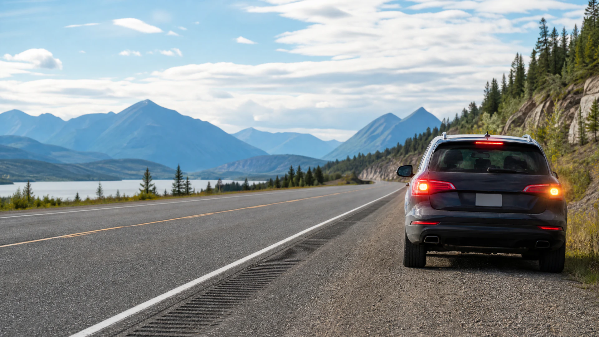 Rear view of a dark SUV stopped on the shoulder of a mountain highway, with a lake, pine trees, and peaks in the background.