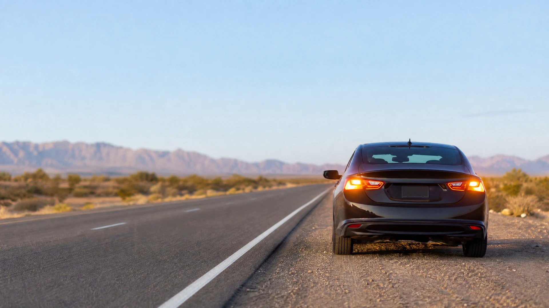 Rear view of a dark sedan parked on the shoulder of a desert highway with brake lights on, mountains visible in the distance.