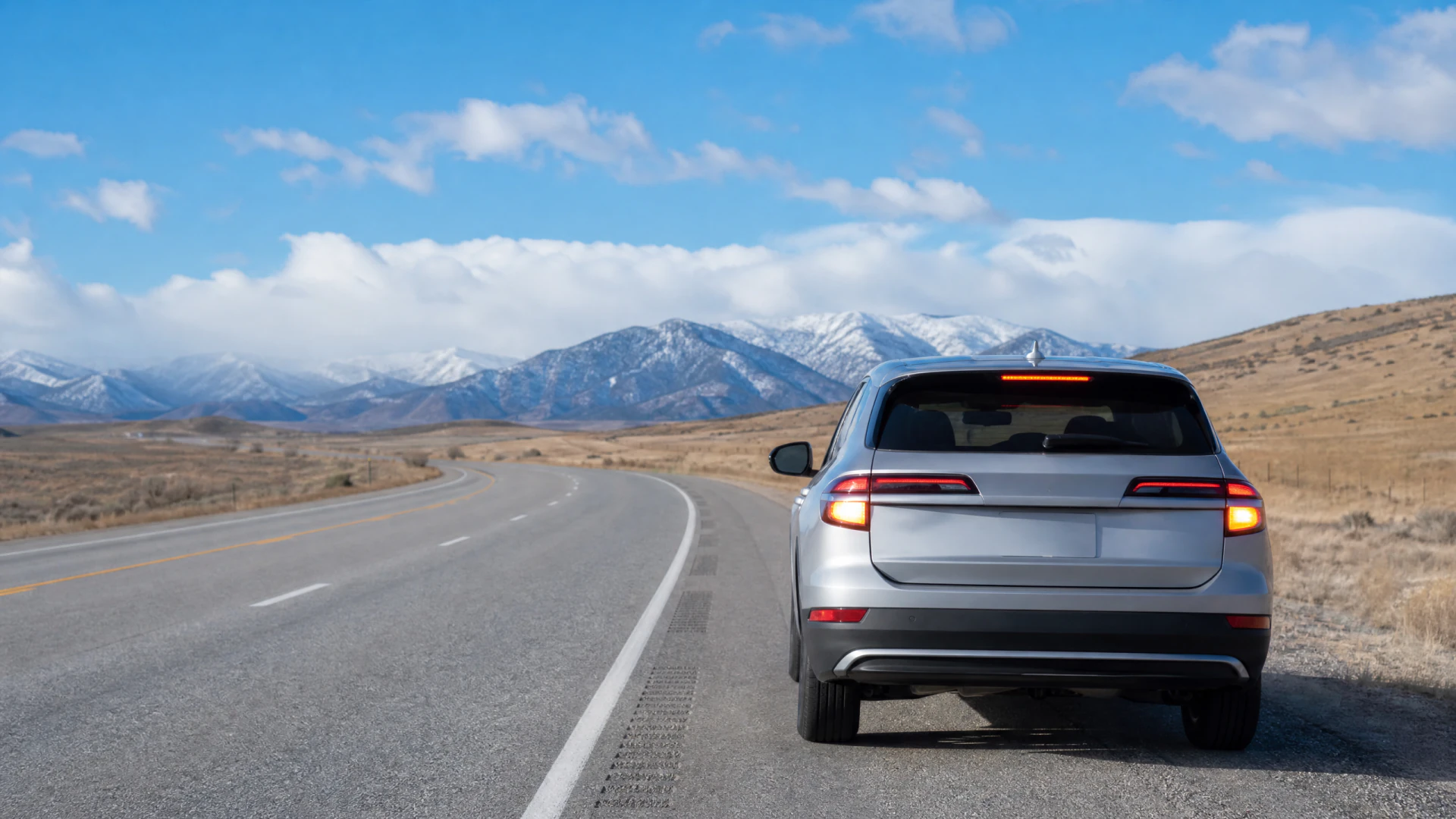 A silver SUV sits on the shoulder of a two-lane highway with snow-capped mountains visible in the distance.