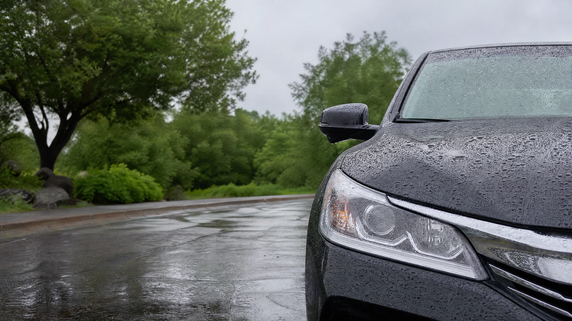 A rain-soaked dark gray sedan is parked on a wet road surrounded by green trees under a cloudy sky.
