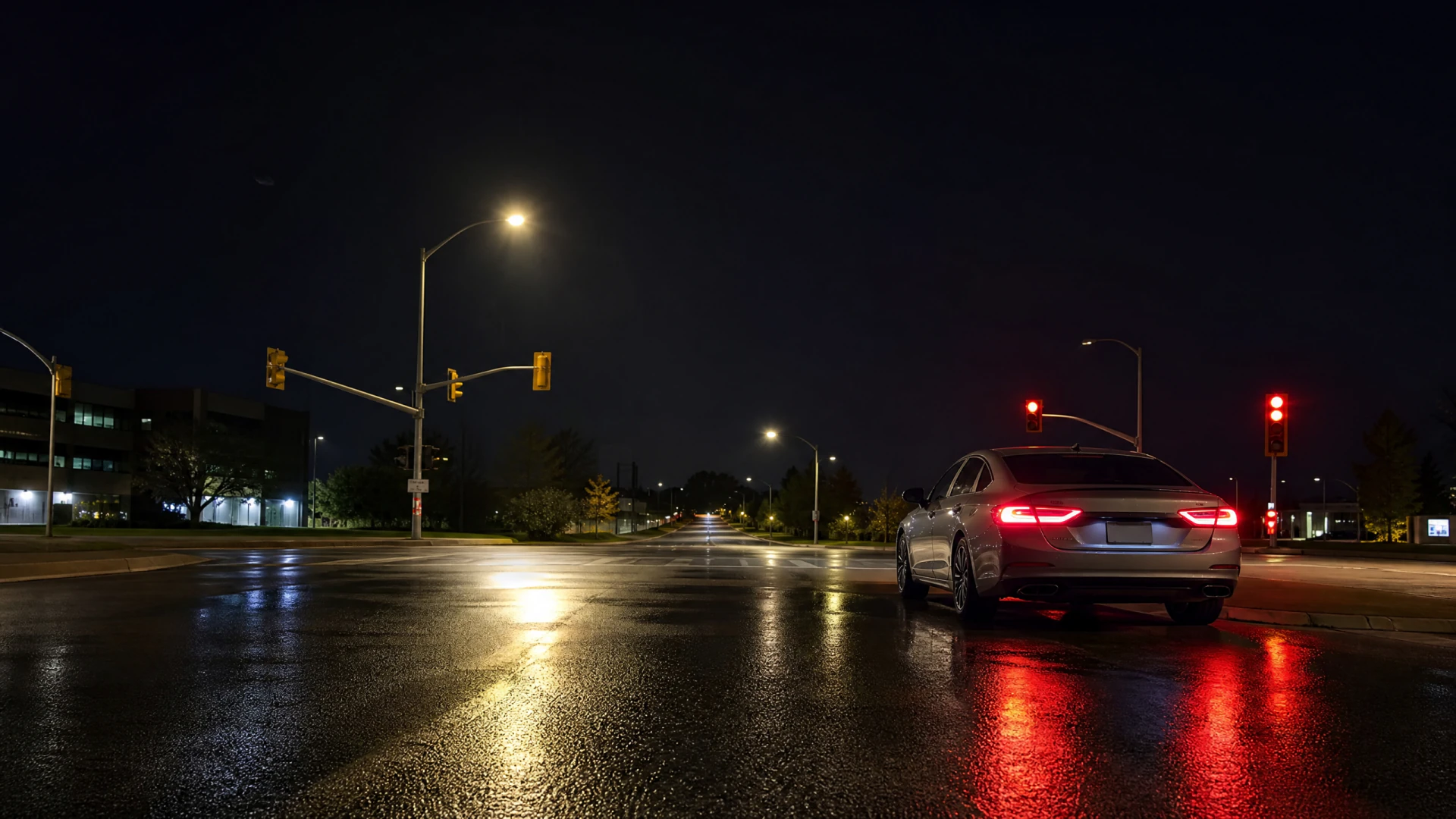 A silver sedan waits at a red traffic light on a wet, deserted urban intersection at night.