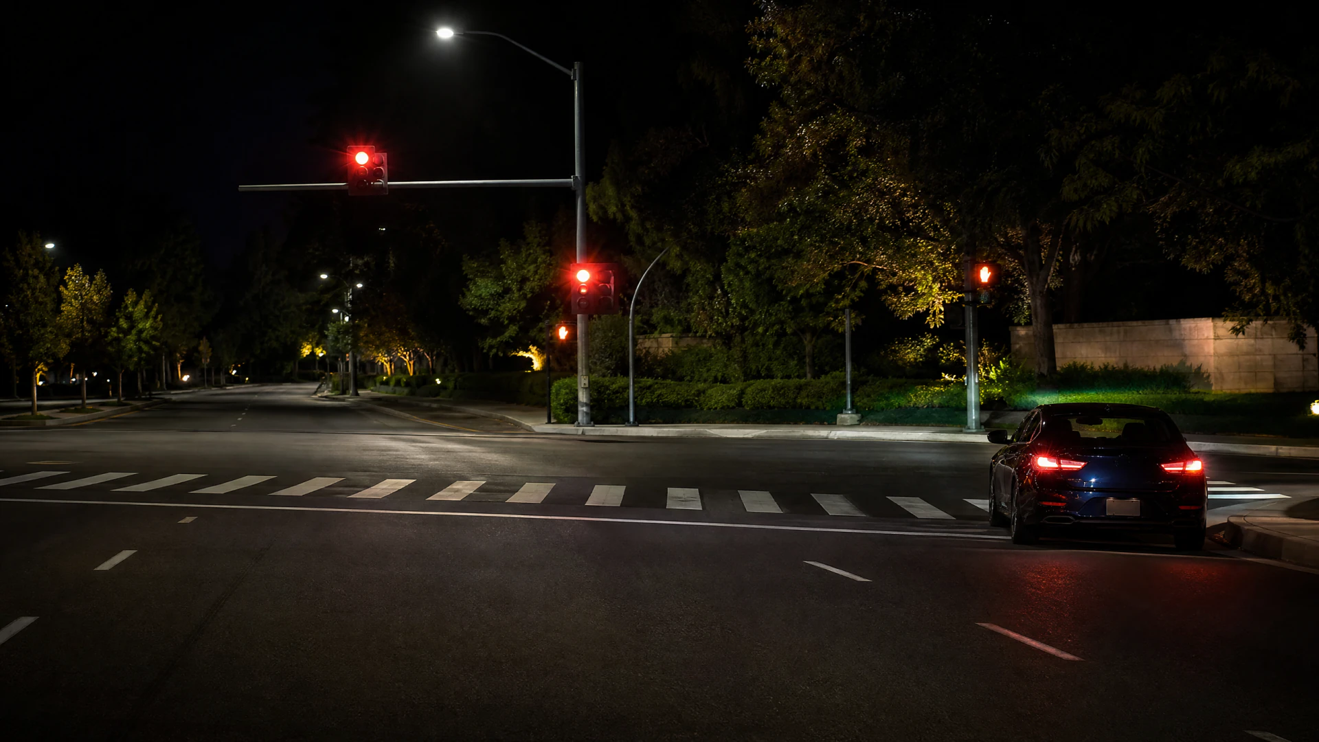 A dark sedan waits at a red traffic light at an empty urban intersection at night.