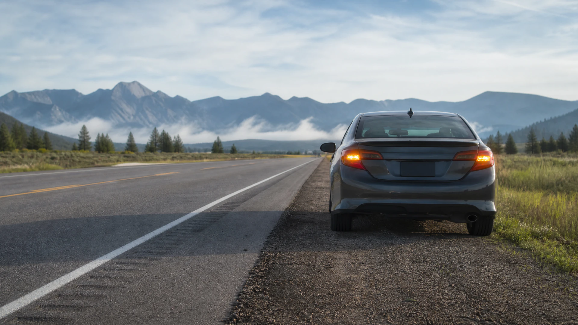 A gray sedan sits on the gravel shoulder of a rural two-lane highway, facing toward a distant mountain range.
