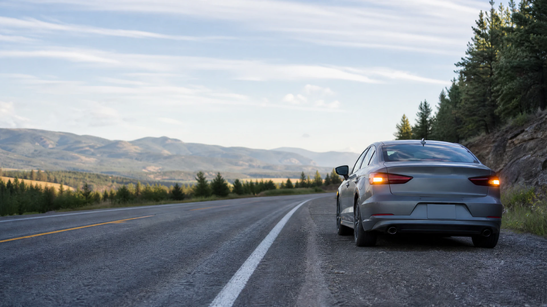 Rear view of a gray sedan parked on the shoulder of a rural highway lined with conifer trees and mountains in the distance.