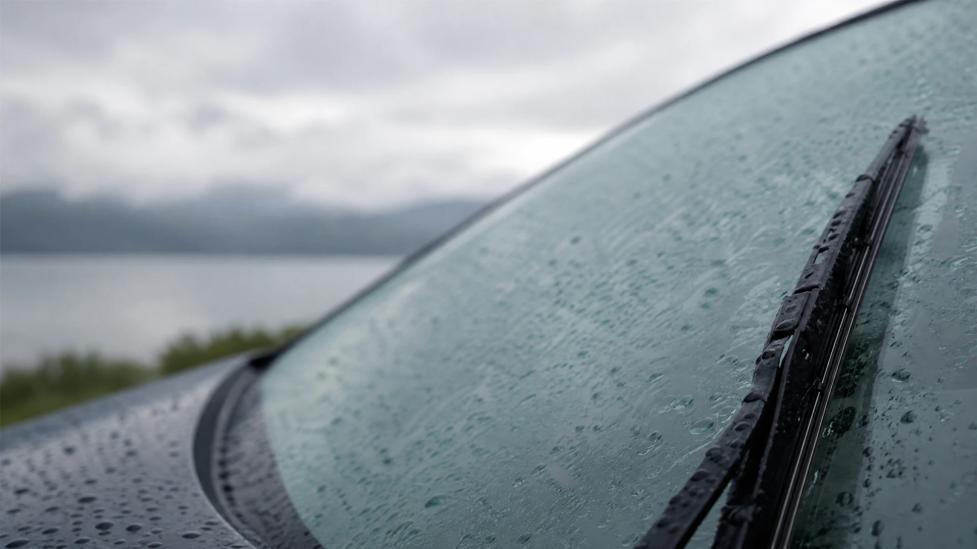 A wet car windshield with a wiper blade, photographed on a rainy day with a misty lake and cloudy sky in the background.
