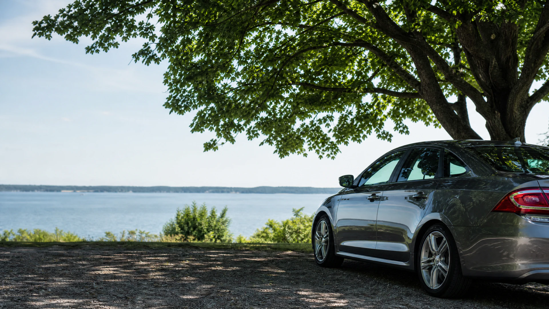 A silver sedan parked in the shade of a large tree beside a calm lake on a sunny day.