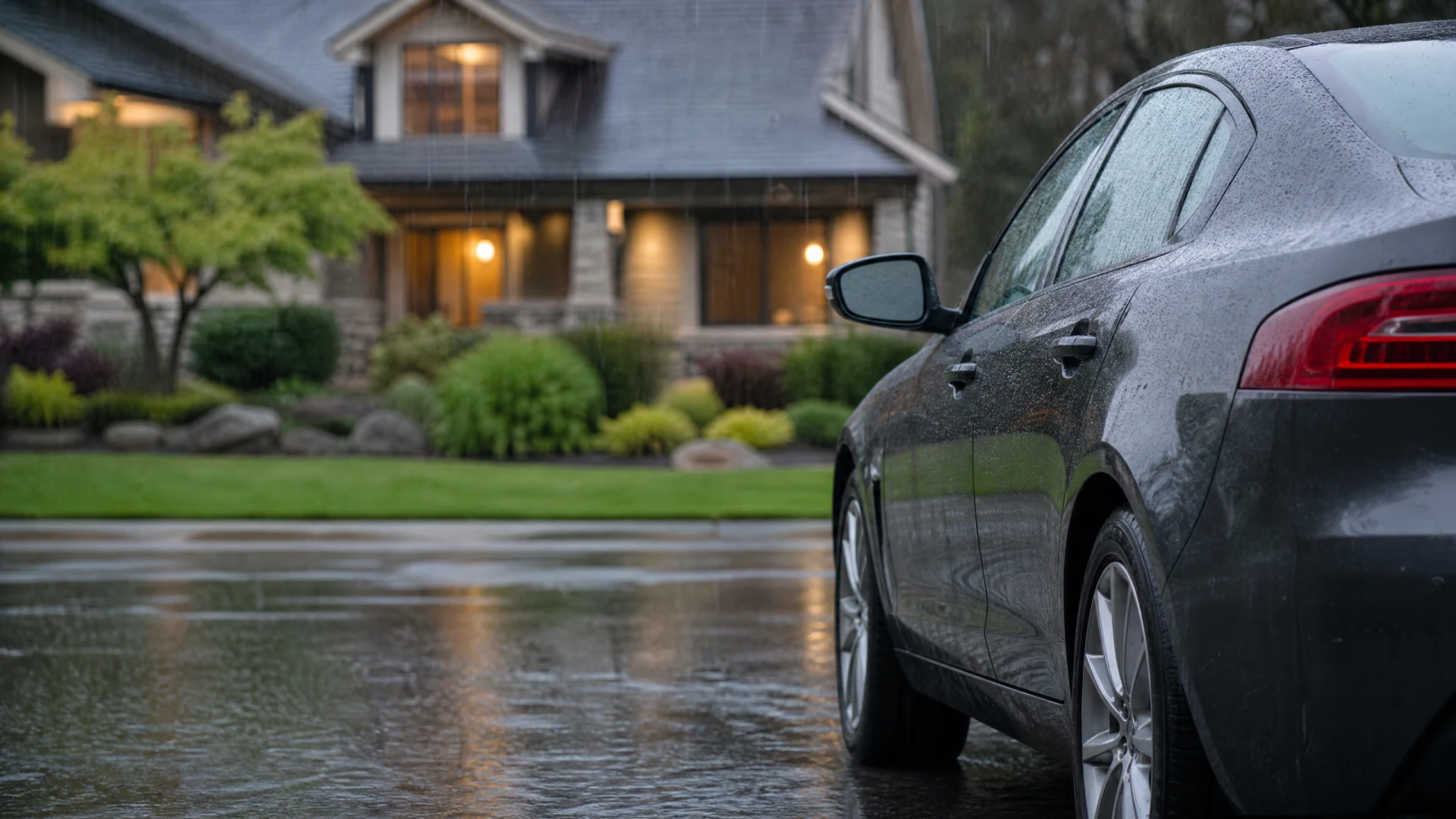 A wet dark sedan parked on a rain-soaked road in front of a lit craftsman-style house with landscaped grounds.