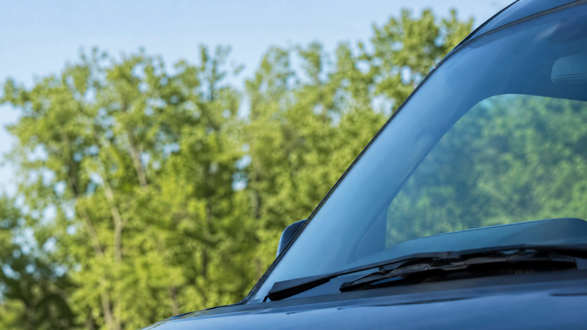Close-up of a dark vehicle's windshield and roofline with a wiper blade visible, set against a backdrop of green trees.