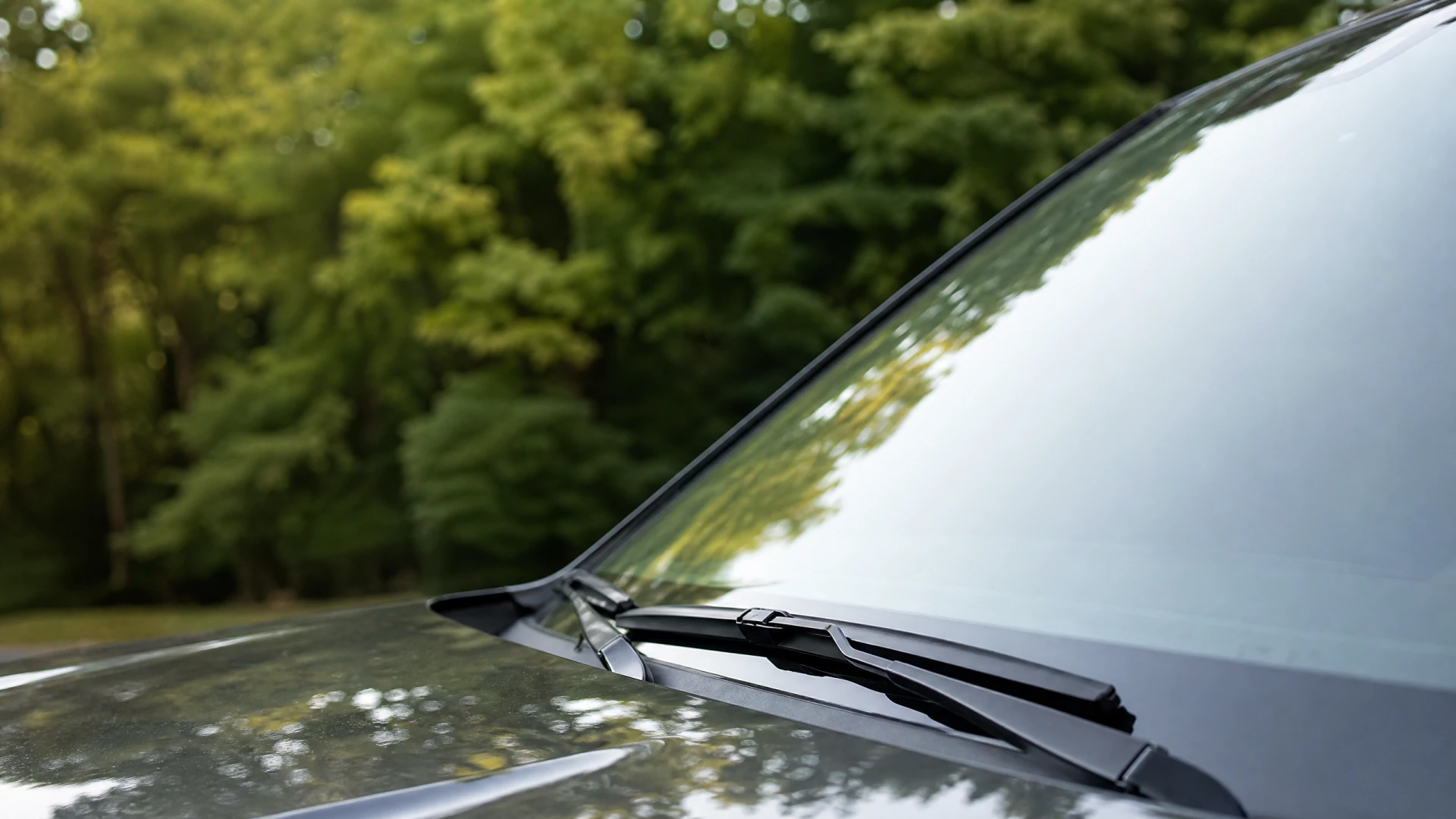 Close-up of windshield wiper blades resting on a car windshield, with green trees reflected in the glass.