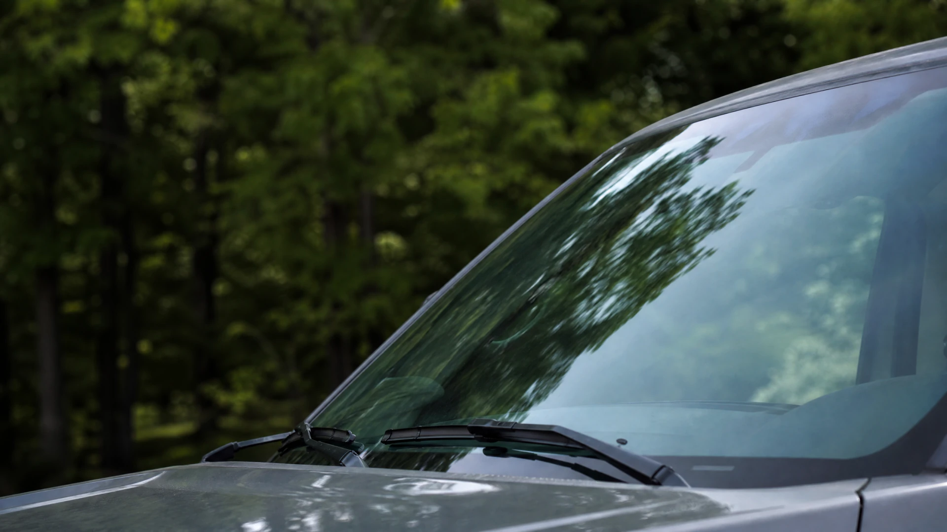 Close-up of a gray vehicle's windshield with two wiper blades, reflecting green trees.