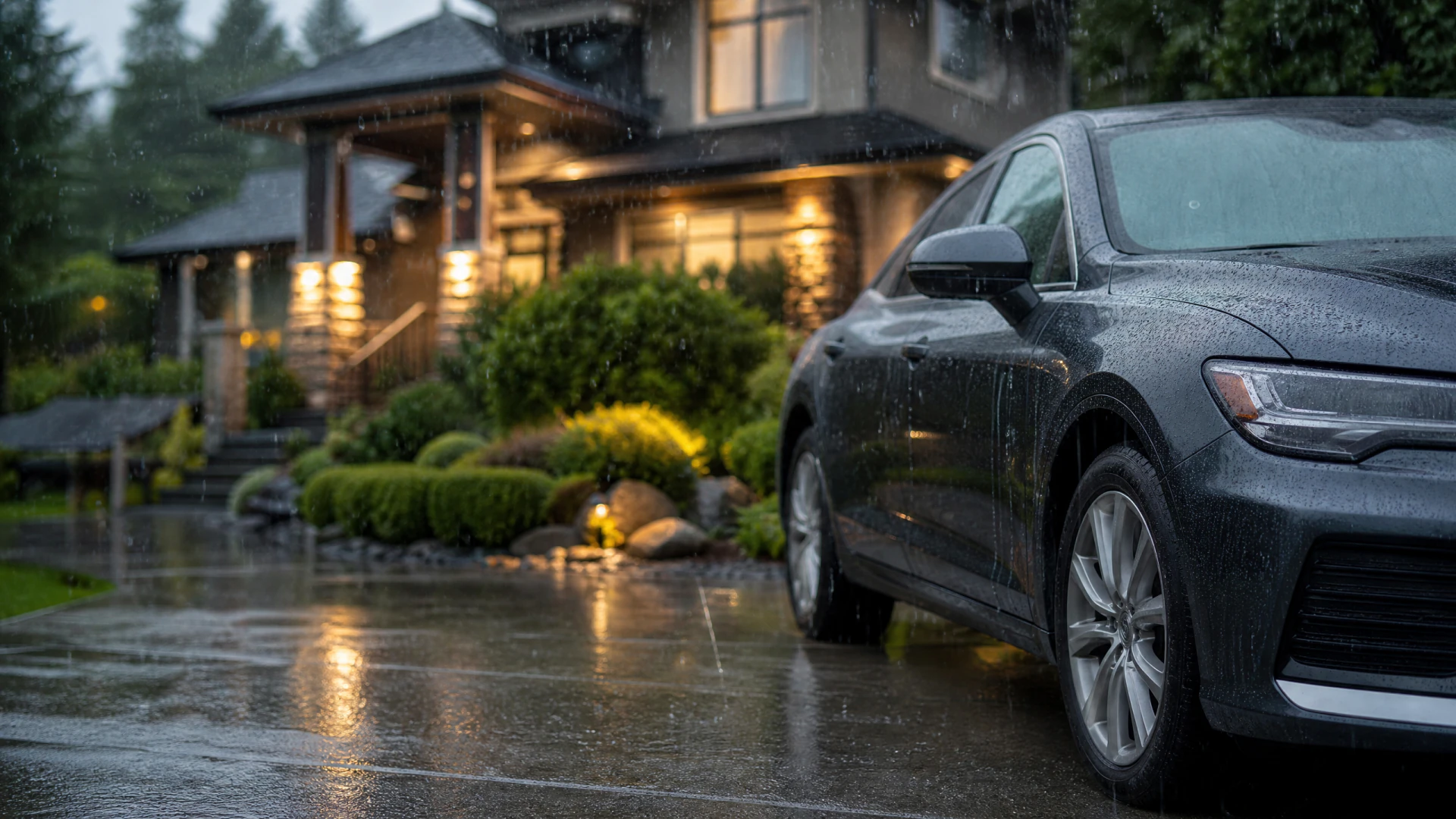A wet dark grey sedan parked in the rain in front of a lit modern house with landscaped gardens.