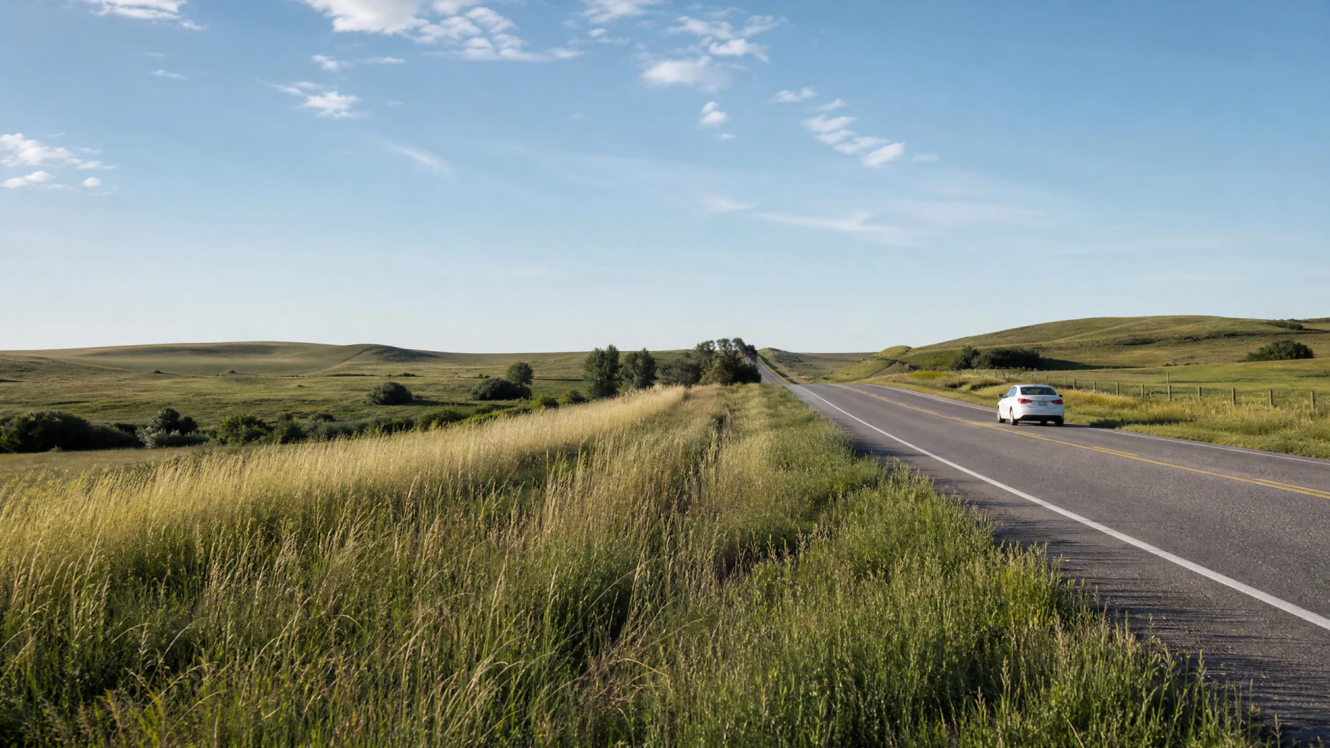 A white sedan drives away from the camera along a straight two-lane rural highway surrounded by open grassland and gentle hills.