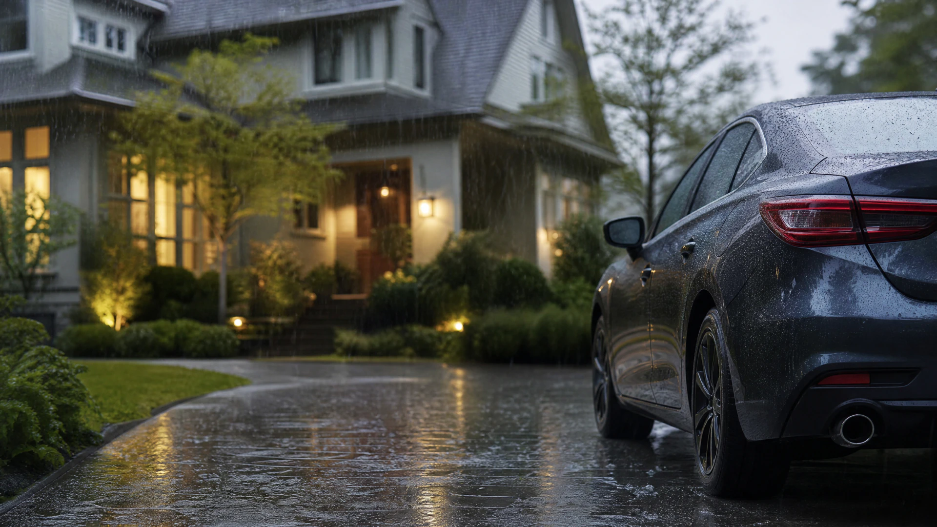 A wet dark gray sedan parked in a rain-soaked driveway in front of a warmly lit two-story house at dusk.