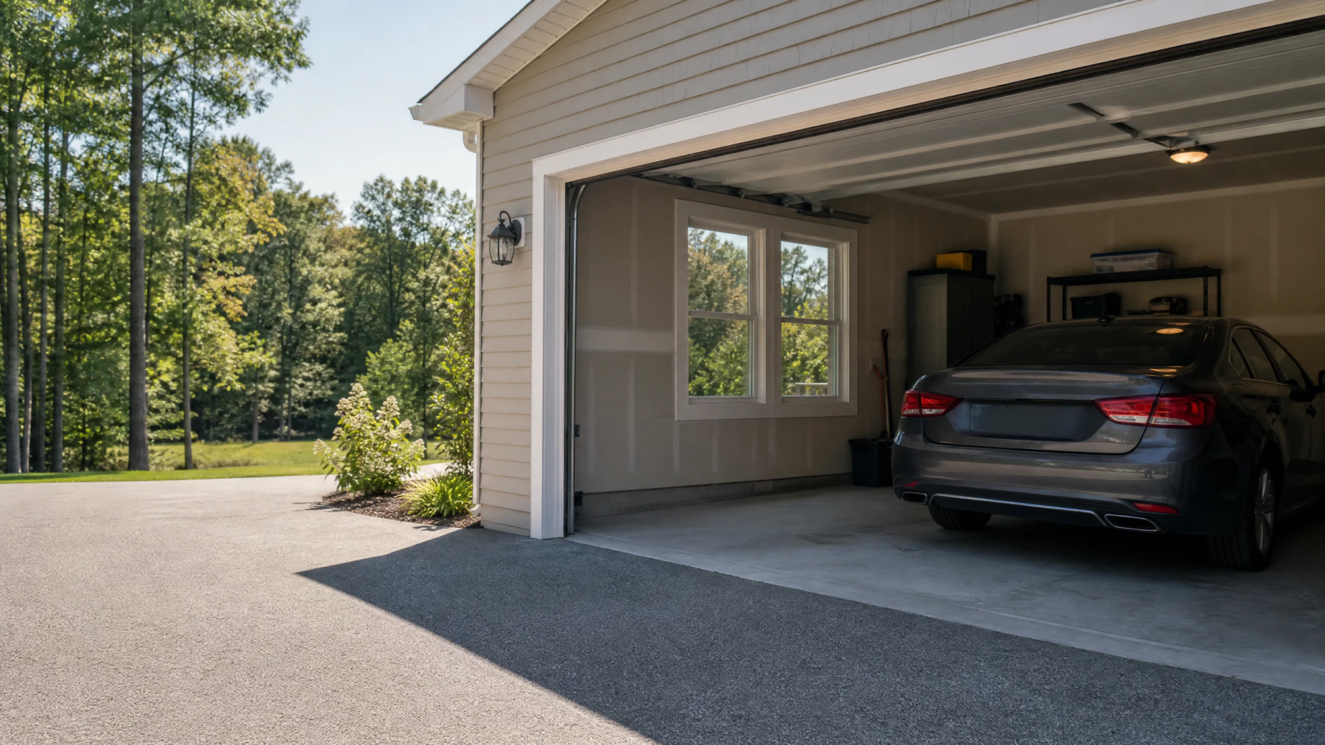 A dark gray sedan parked inside an open two-car garage attached to a beige house, with shelving and tools visible along the rear wall.