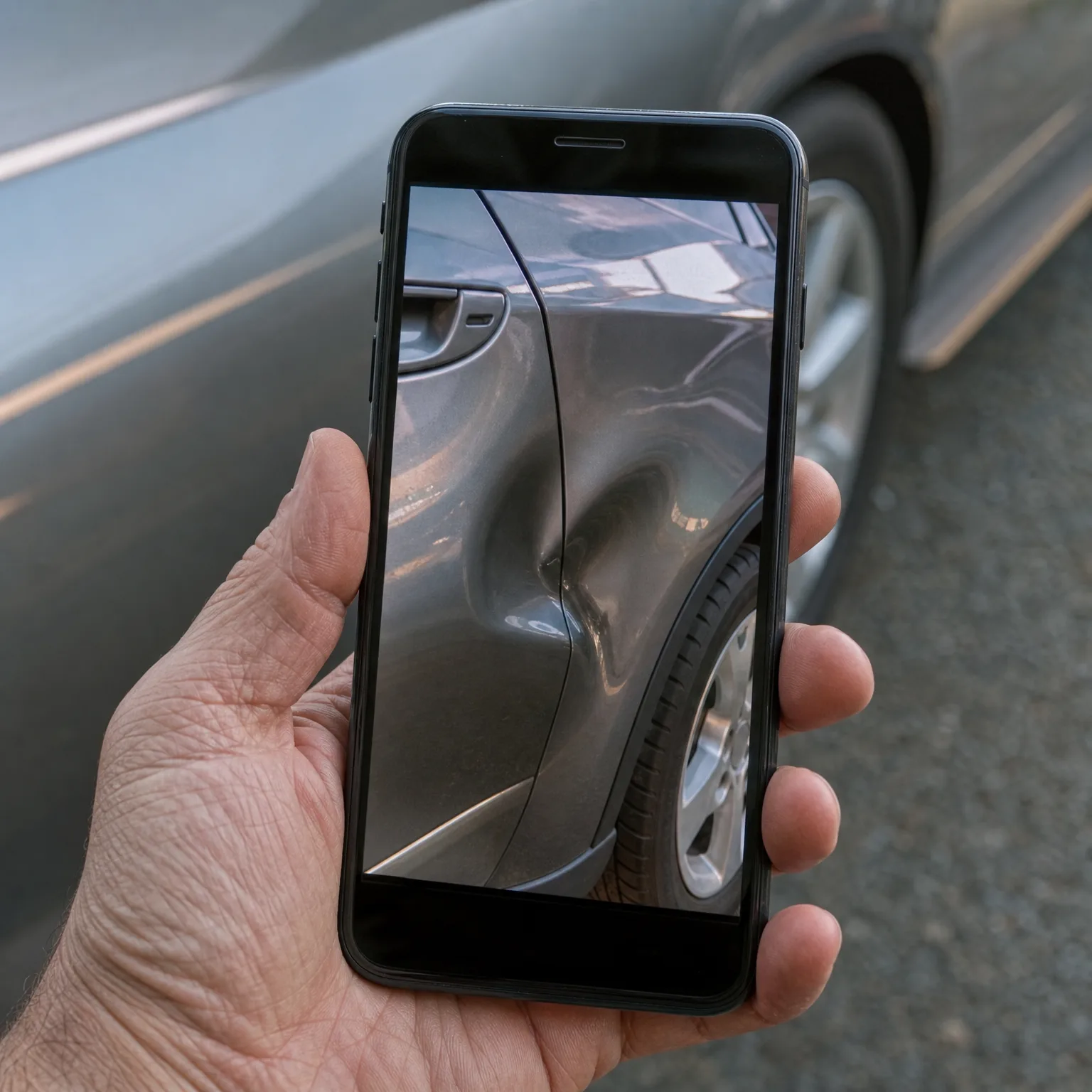 A hand holds a smartphone displaying a close-up photo of a dented car body panel near the rear wheel, with a gray car and pavement blurred in the background.