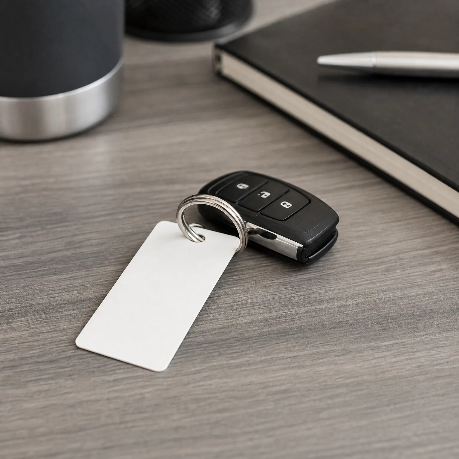 A black three-button car key fob on a split ring with a blank white rectangular tag, resting on a gray wood-grain surface near a notebook, pen, and metal-based container.