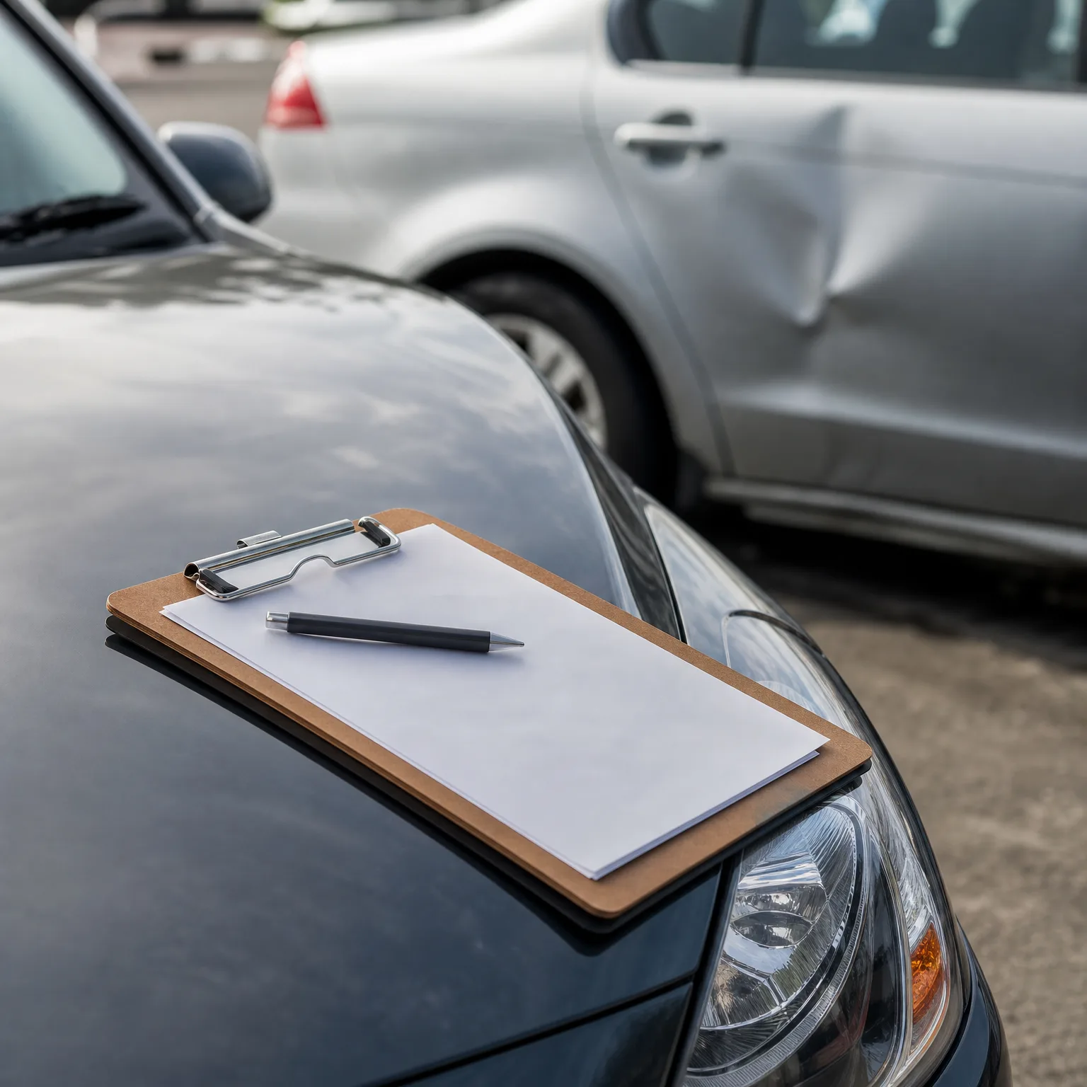 A clipboard with blank white paper and a black pen rests on the hood of a dark car, with a silver car showing a dented rear door blurred in the background.
