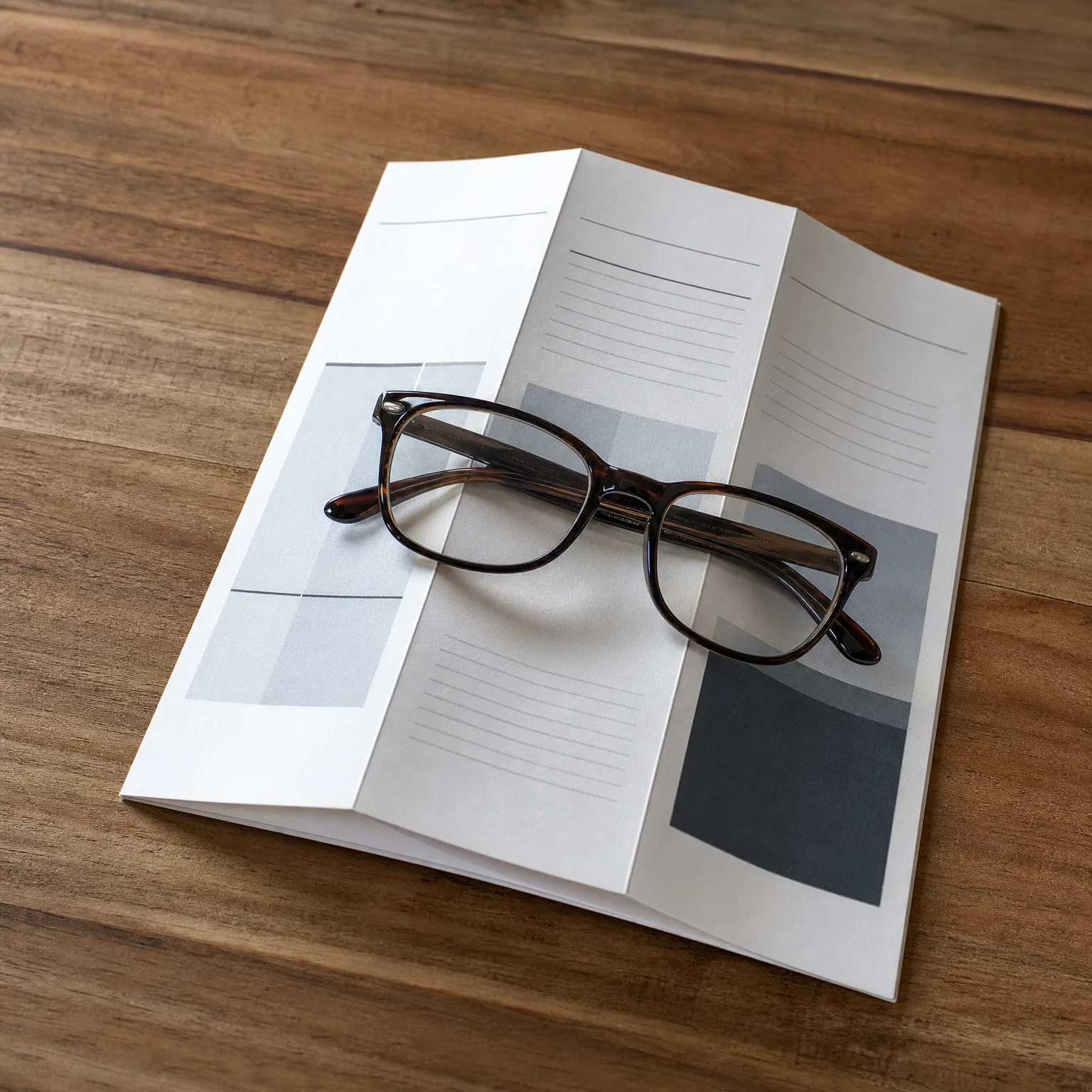 A pair of tortoiseshell-framed eyeglasses resting on an open folded booklet with gray text blocks and image placeholders, on a wooden table.