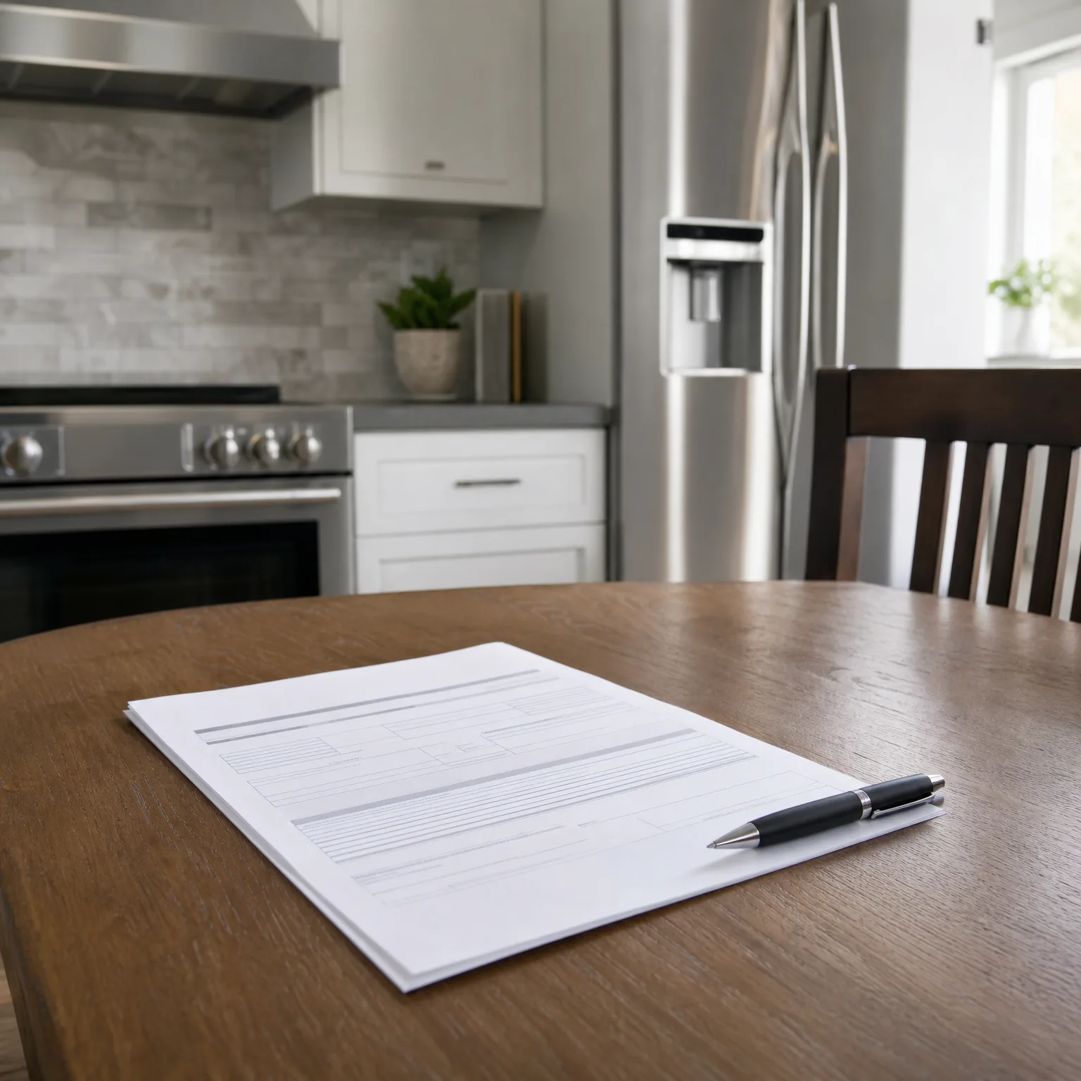 A multi-page printed form with a black pen rests on a wooden dining table in a kitchen with white cabinets, a stainless steel range and refrigerator, and a tiled backsplash blurred in the background.