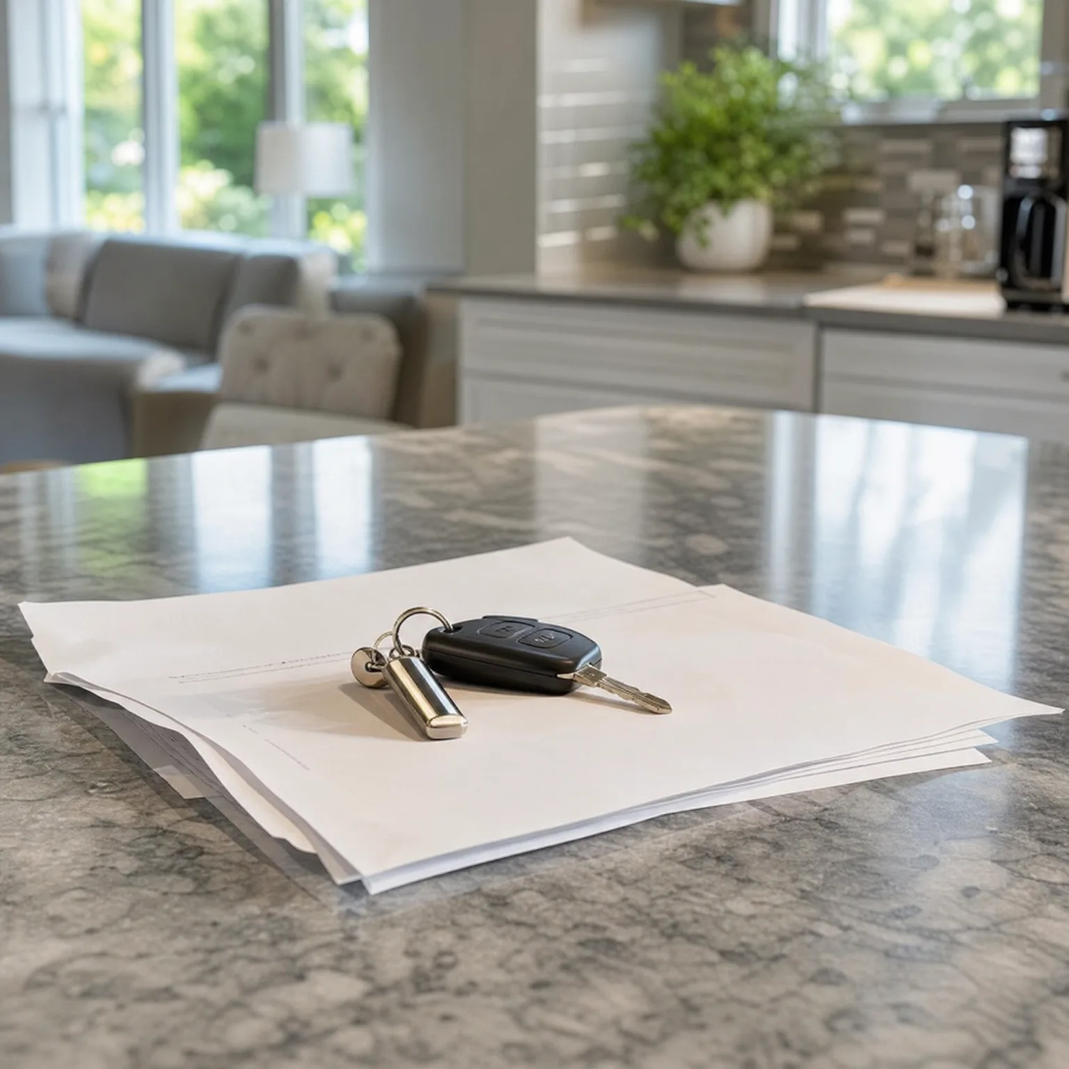 A black car key fob on a keyring rests on a stack of blank white papers atop a granite countertop, with a blurred kitchen and living area in the background.